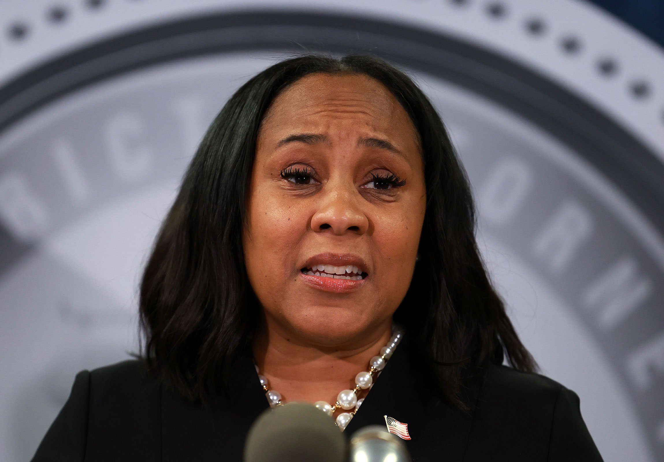 Fulton County District Attorney Fani Willis speaks during a news conference at the Fulton County Government building on August 14, 2023 in Atlanta, Georgia.
