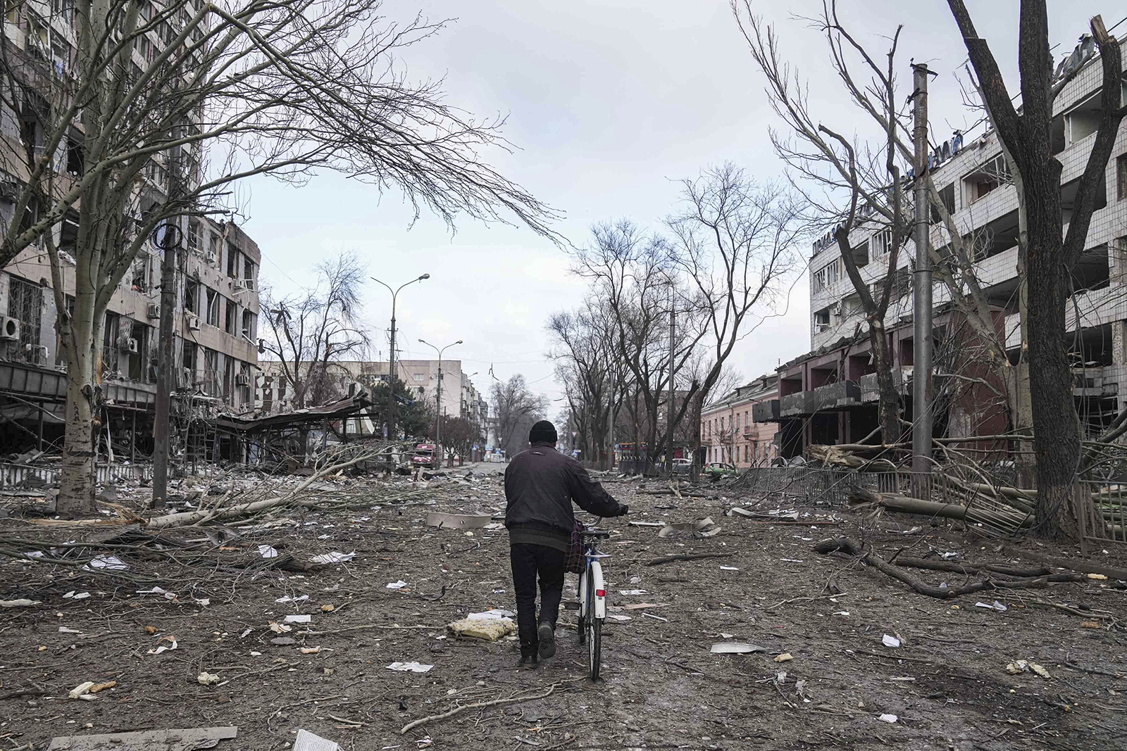 A street damaged by shelling in Mariupol, Ukraine on March 10.