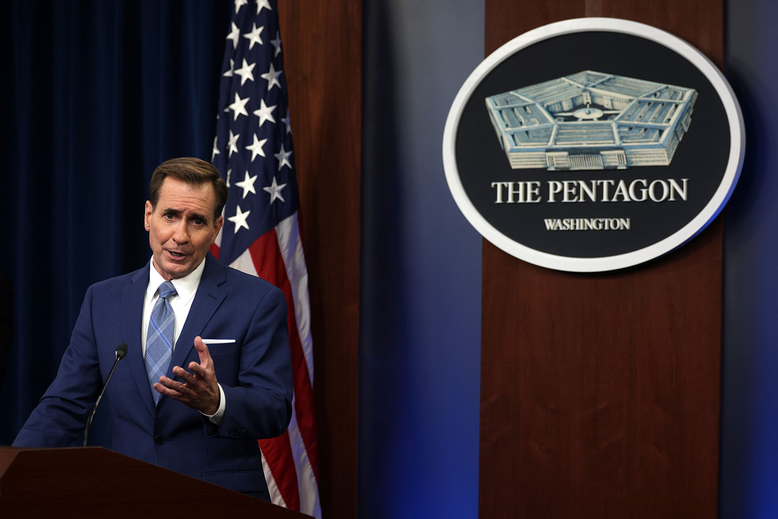 Pentagon press secretary John Kirby speaks during a press briefing on August 16.