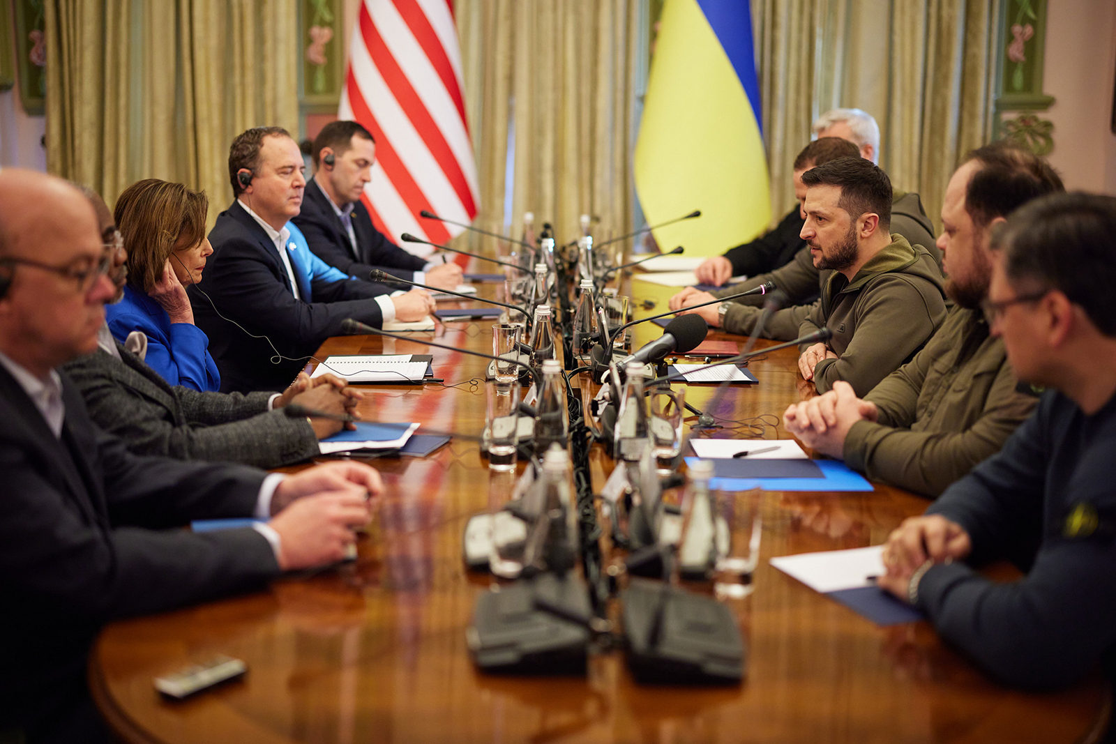 Ukrainian President Volodymyr Zelensky meets US Speaker of the House Nancy Pelosi, Rep. Jim McGovern, Rep. Gregory Meeks and Rep. Adam Schiff on April 30, in Kyiv, Ukraine. 