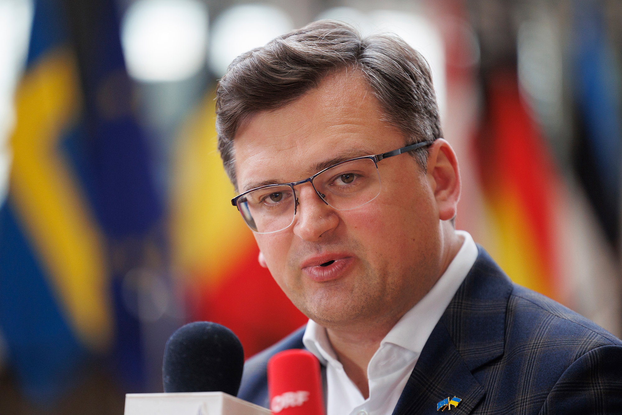 Ukrainian Foreign Minister Dmytro Kuleba speaks to the press in Brussels, on May 16. 