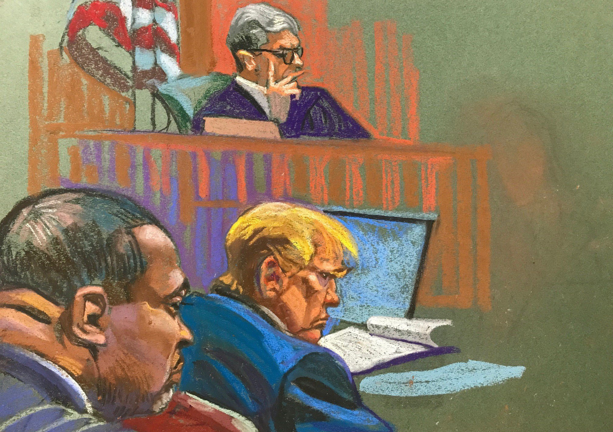 This courtroom sketch shows former President Donald Trump seated in front of presiding Judge Juan Merchan on Friday, with Manhattan District Attorney Alvin Bragg in the foreground.
