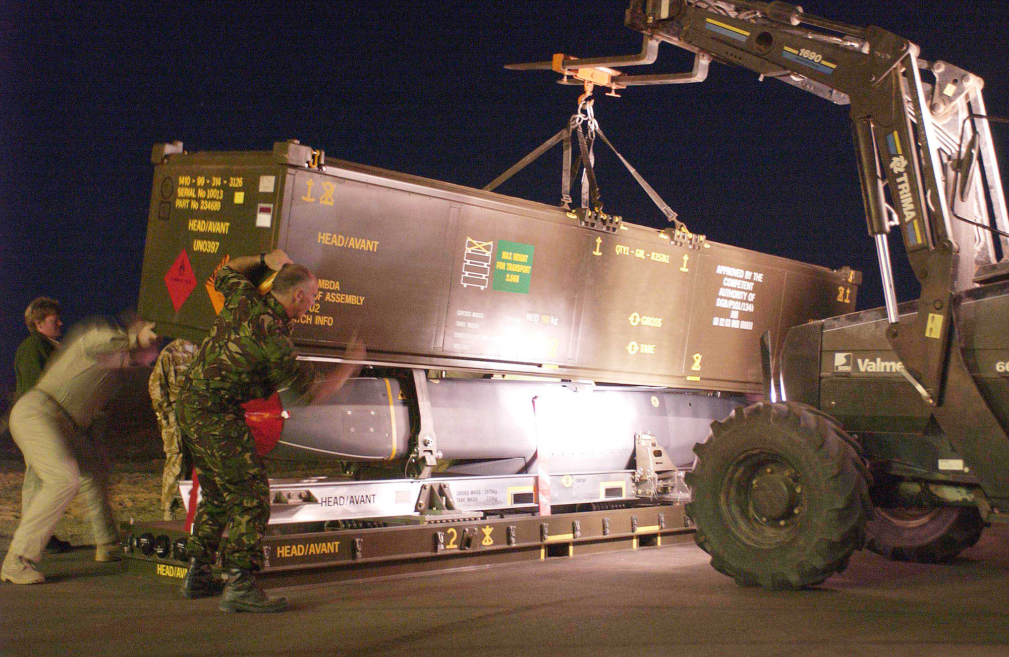 This file image shows a Storm Shadow missile being prepared for loading into a Royal Air Force Tornado GR4 aircraft in the Gulf in support of Operation TELIC, on March 21, 2003. 