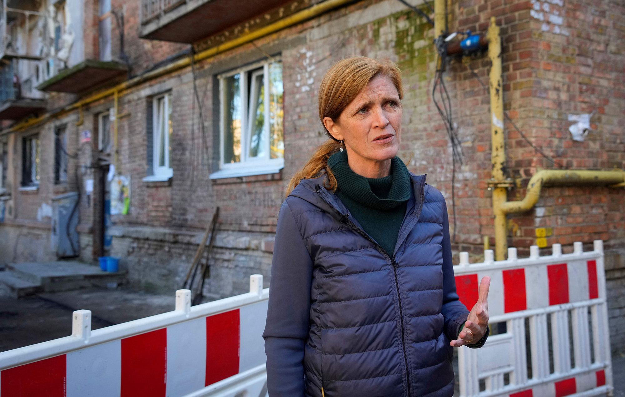 Head of the U.S. Agency for International Development (USAID) Samantha Power answers journalists' questions as she visits Kyiv on October 6.