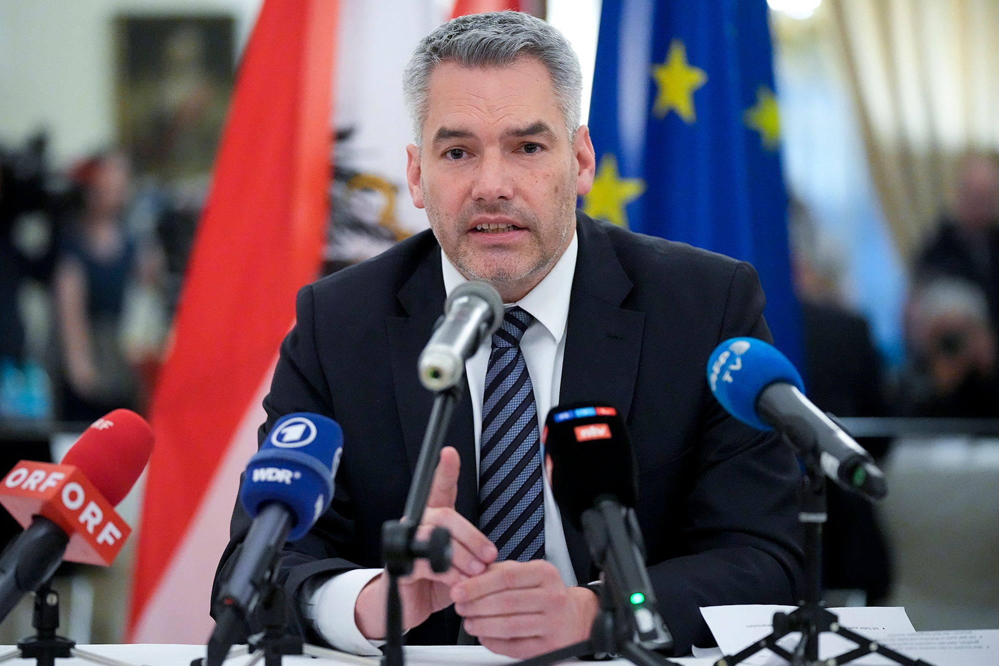 Austria's Chancellor Karl Nehammer speaks during a news conference after his meeting with Russian President Vladimir Putin in Moscow, Russia on April 11. 