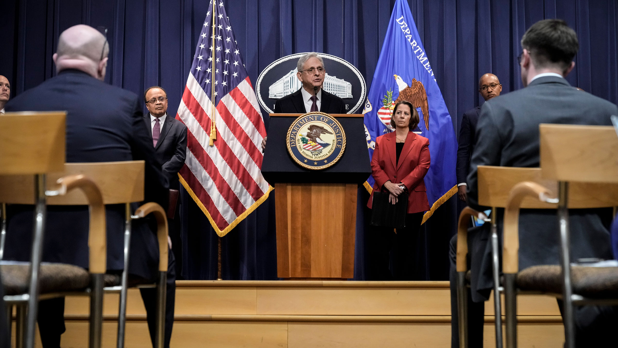 Attorney General Merrick Garland speaks during a news conference at the Department of Justice headquarters on Friday.