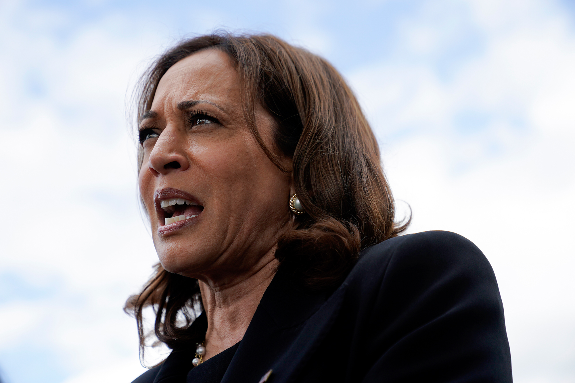 Vice President Kamala Harris speaks with members of the press on Saturday, May 28, in Buffalo, New York. 