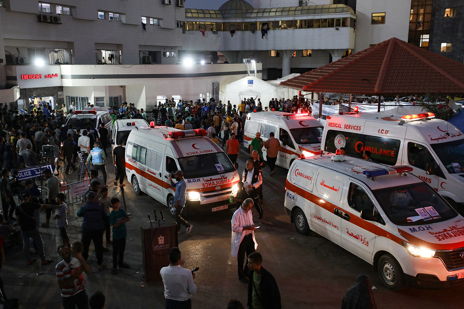 Ambulances are seen at the entrance to the emergency ward of the Al-Shifa hospital in Gaza City on October 15.
