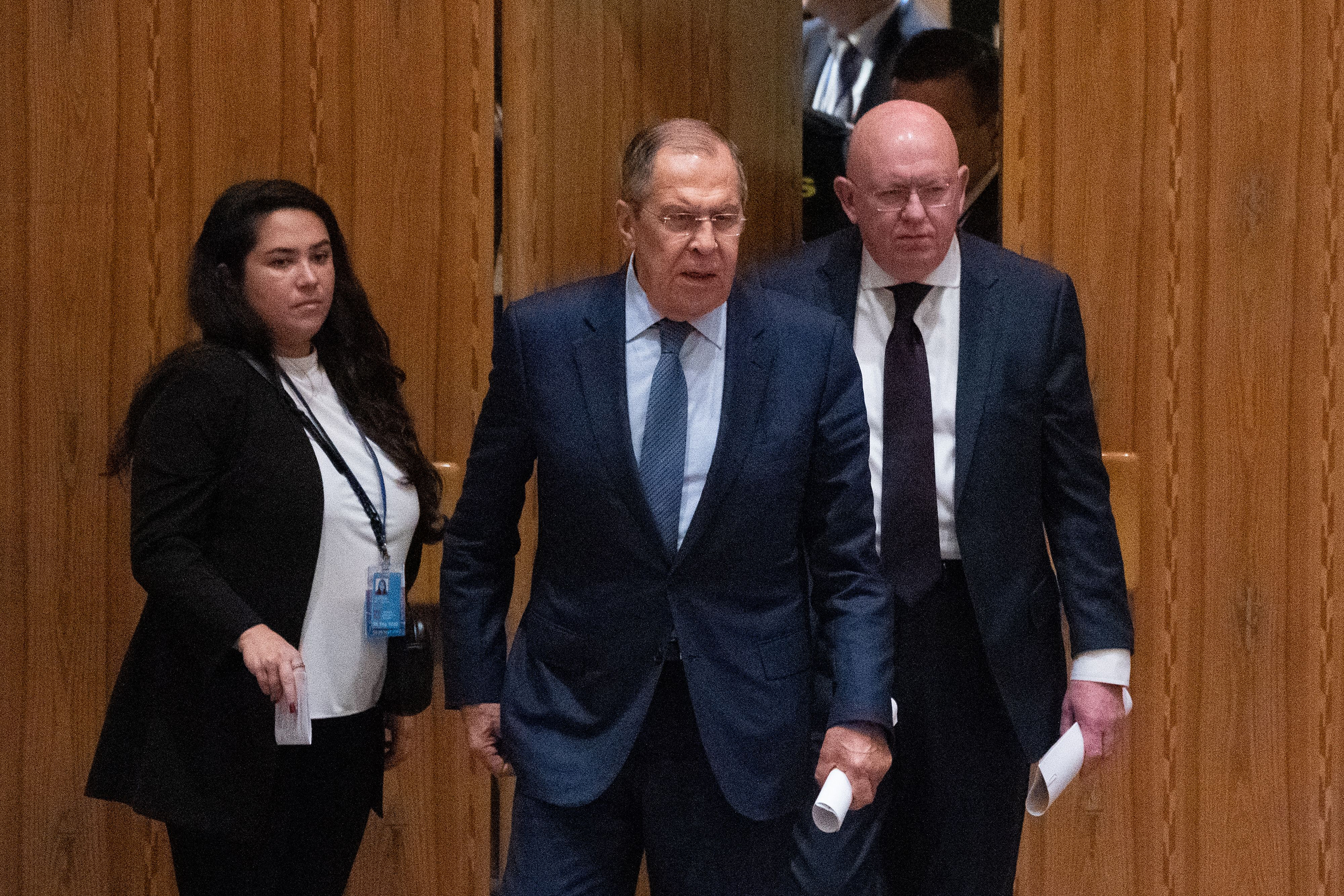 Russian Foreign Minister Sergei Lavrov arrives to the UN Security Council meeting on Ukraine on September 22.
