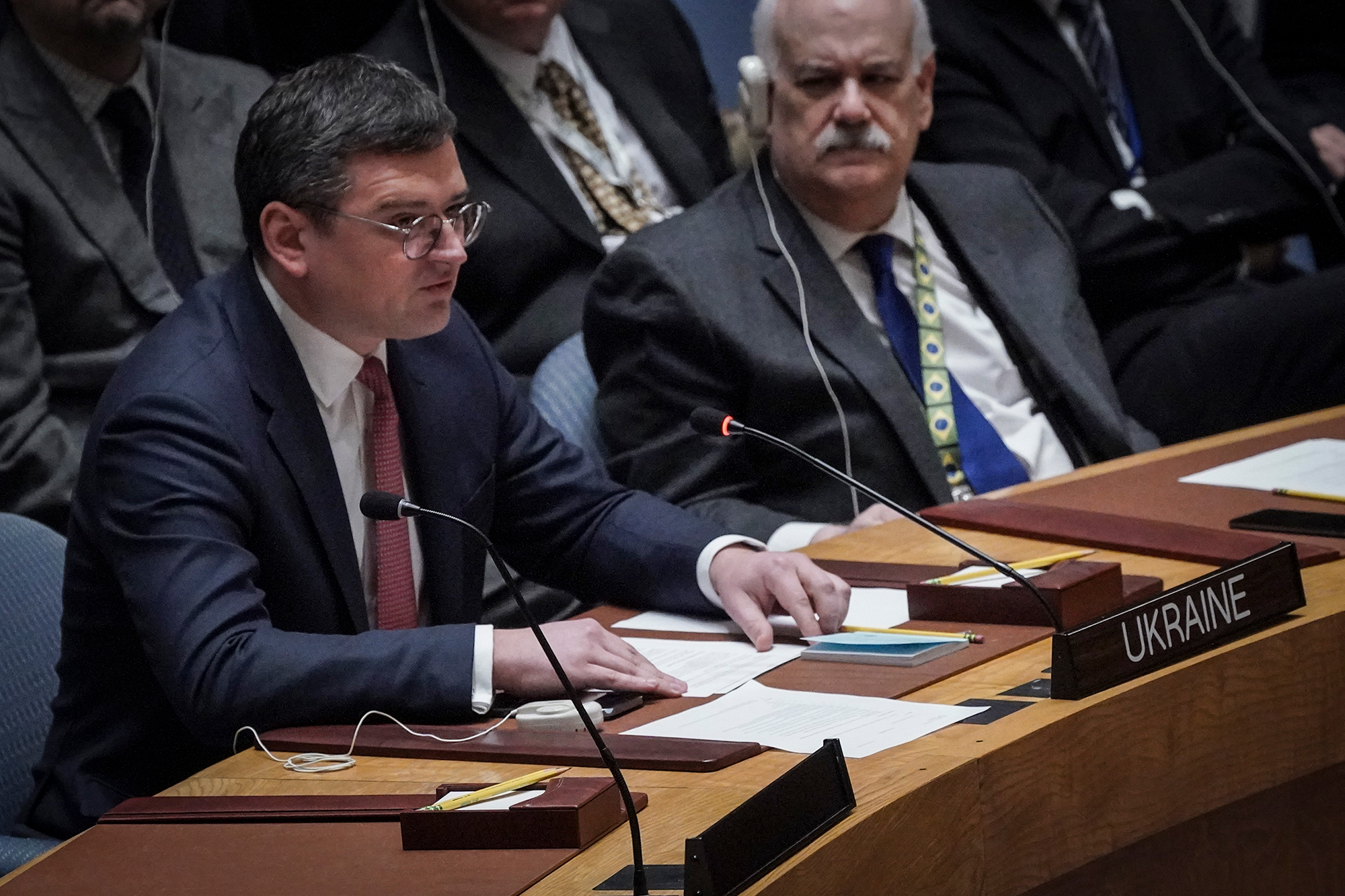 Ukraine Foreign Minister Dmytro Kuleba address the United Nations Security Council on Friday. 