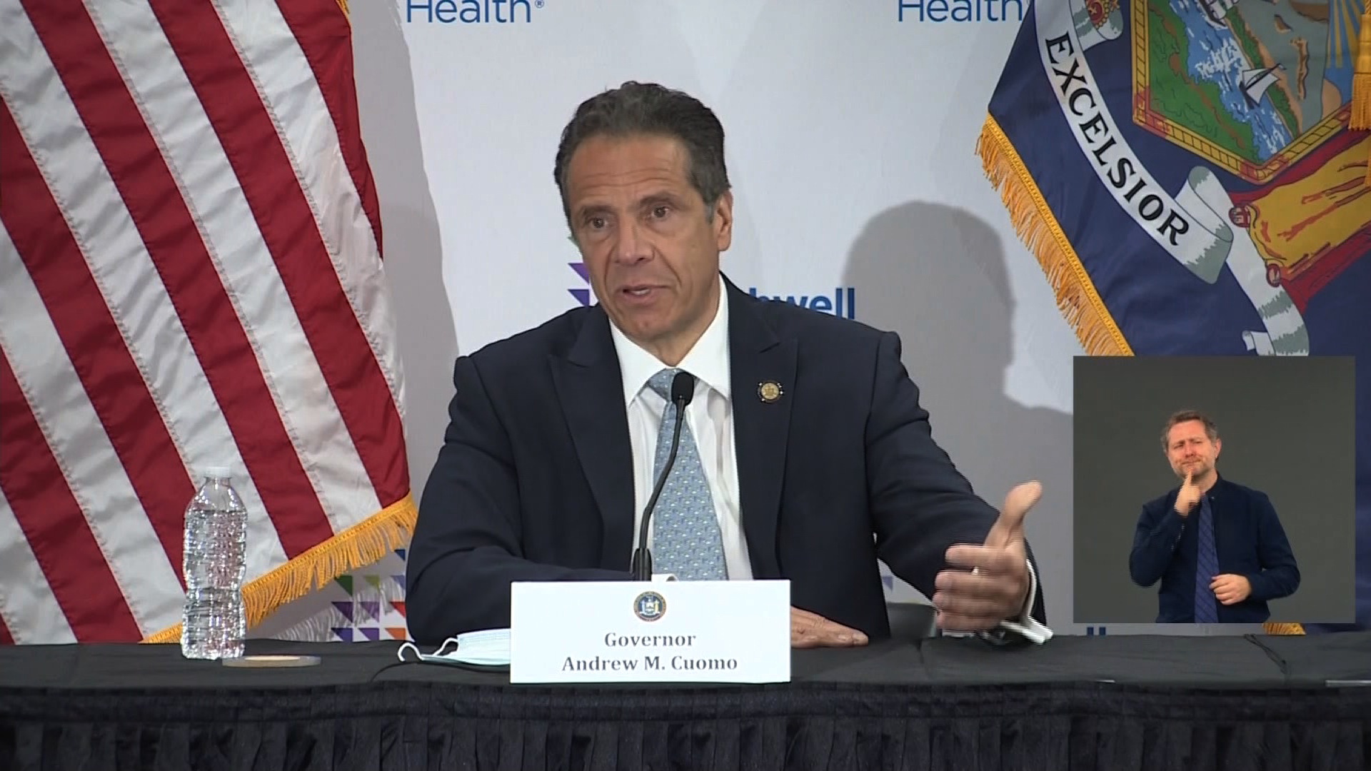 New York Gov. Andrew Cuomo speaks during a coronavirus briefing in Manhasset, New York, on May 19.