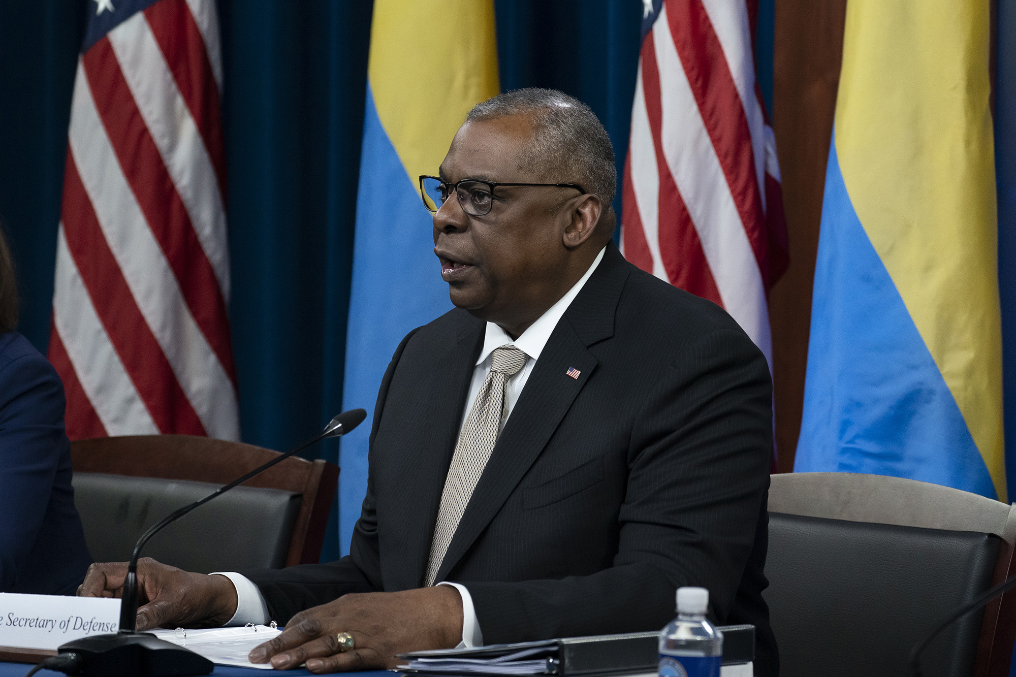Secretary of Defense Lloyd Austin gives opening remarks at a virtual meeting of the Ukraine Defense Contact Group at the Pentagon, Washington D.C, on May 23.
