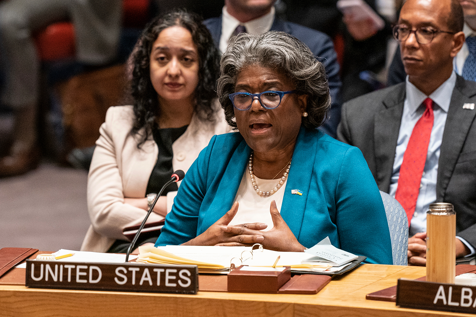 Linda Thomas-Greenfield speaks during the Security Council meeting on Maintenance of international peace and security at UN Headquarters in New York on April 24.