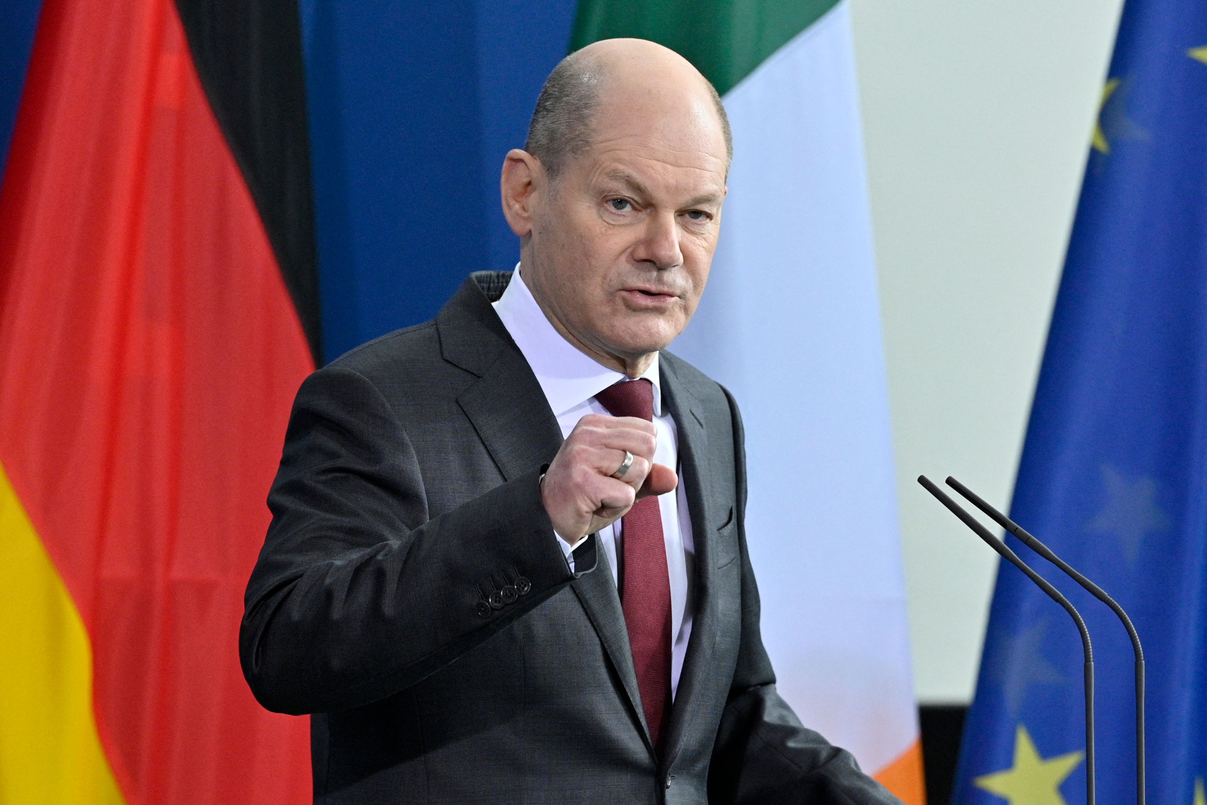 German Chancellor Olaf Scholz addresses a joint press conference in Berlin.