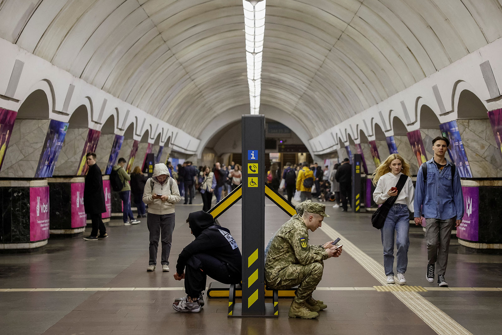 People take shelter in a subway station during an air raid alert on Thursday, May 4,  in Kyiv, Ukraine.