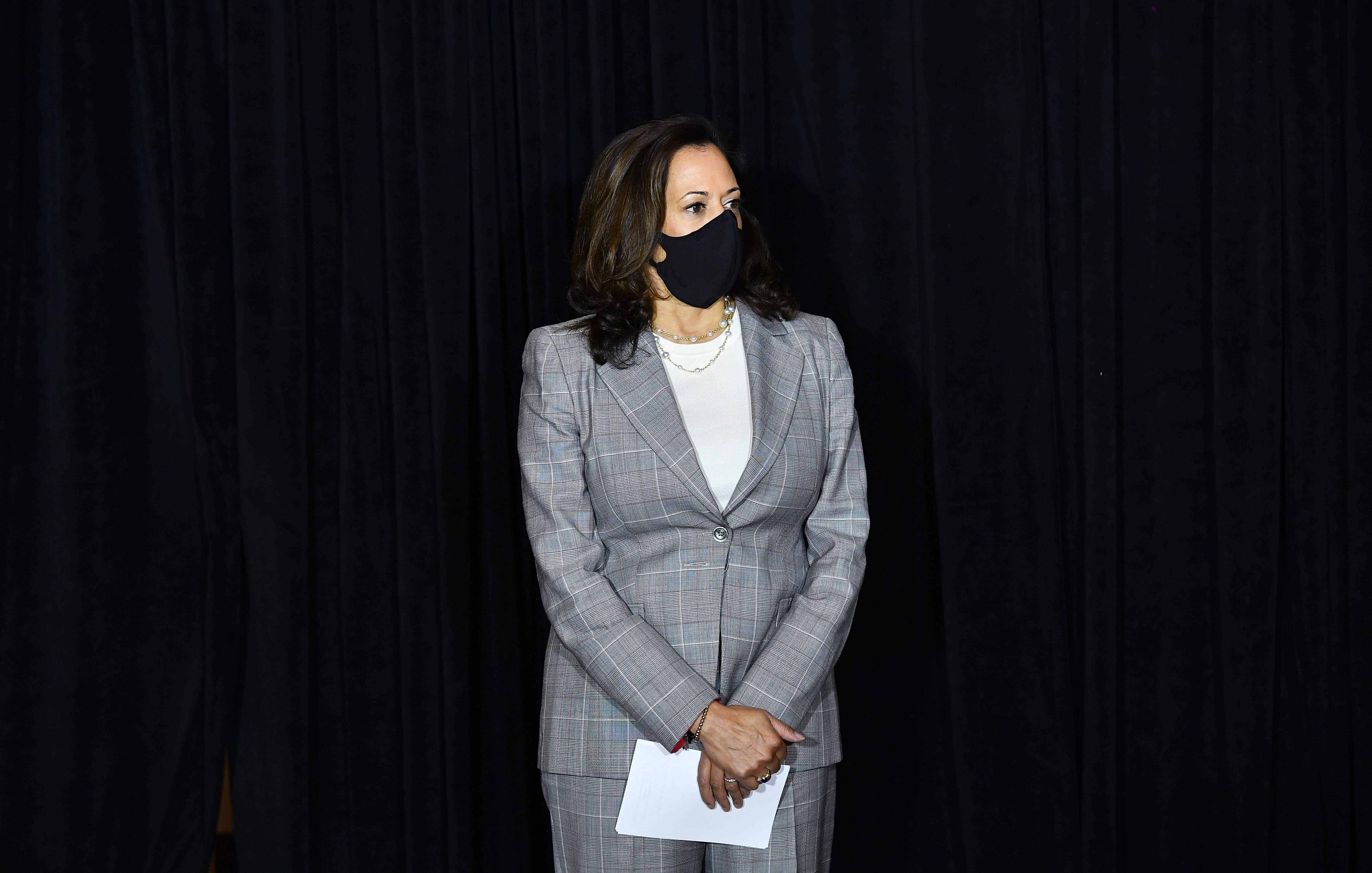 Kamala Harris, the Democratic vice presidential nominee, attends a press conference in Wilmington, Delaware, on August 13.