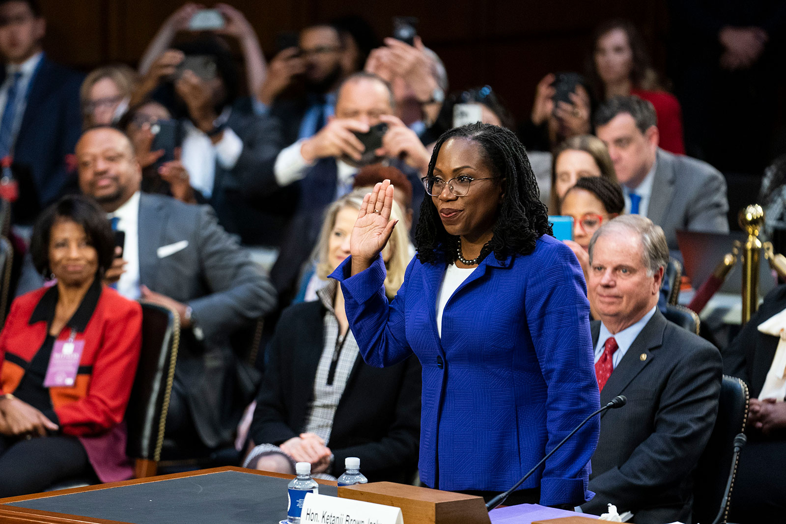 Judge Ketanji Brown Jackson is sworn in prior to her opening statement before the Senate Judiciary Committee on Capitol Hill in Washington, DC, on Monday. 