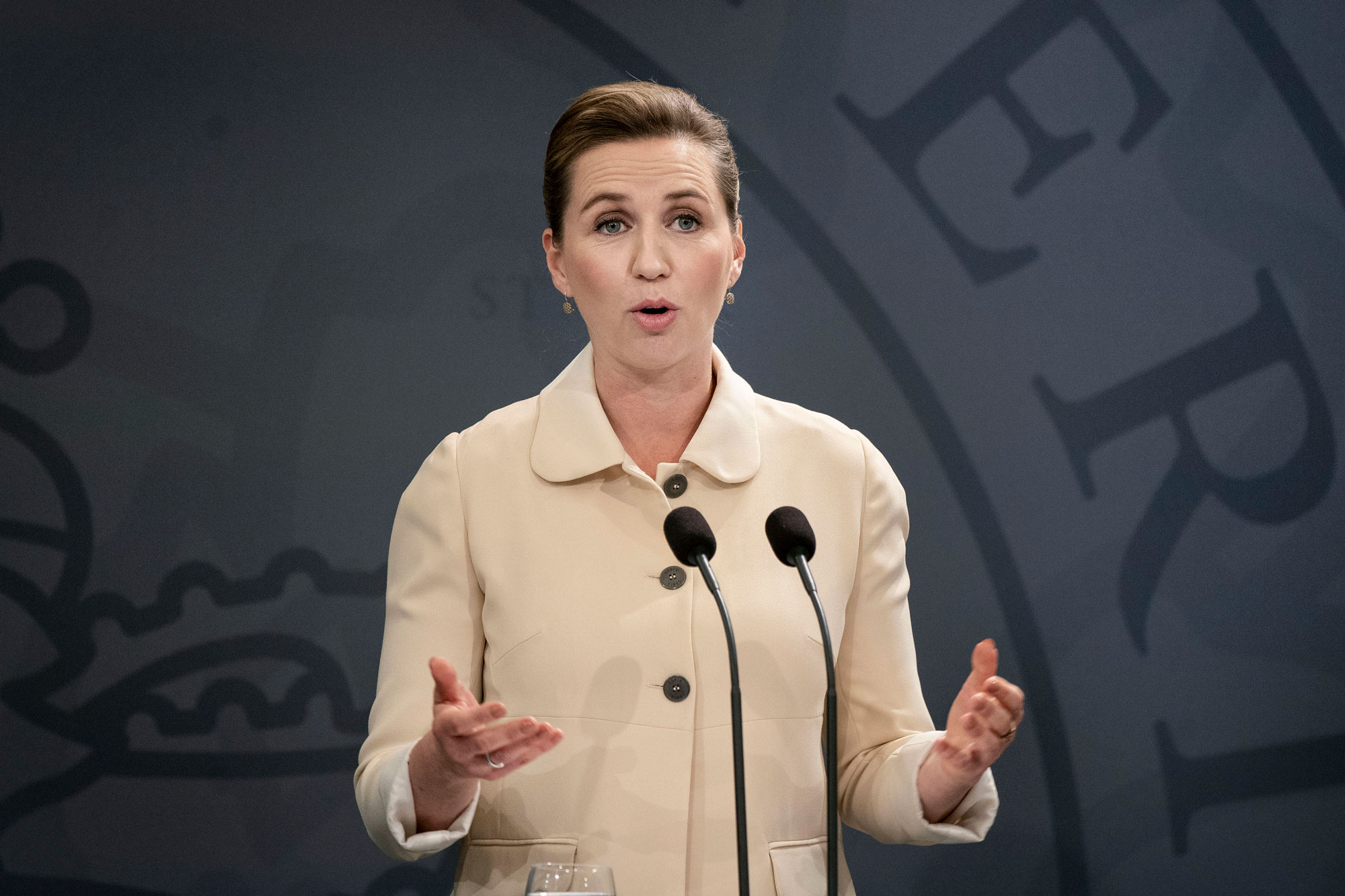 Danish Prime Minister Mette Frederiksen speaks during a news conference in Copenhagen, Denmark, on May 29.