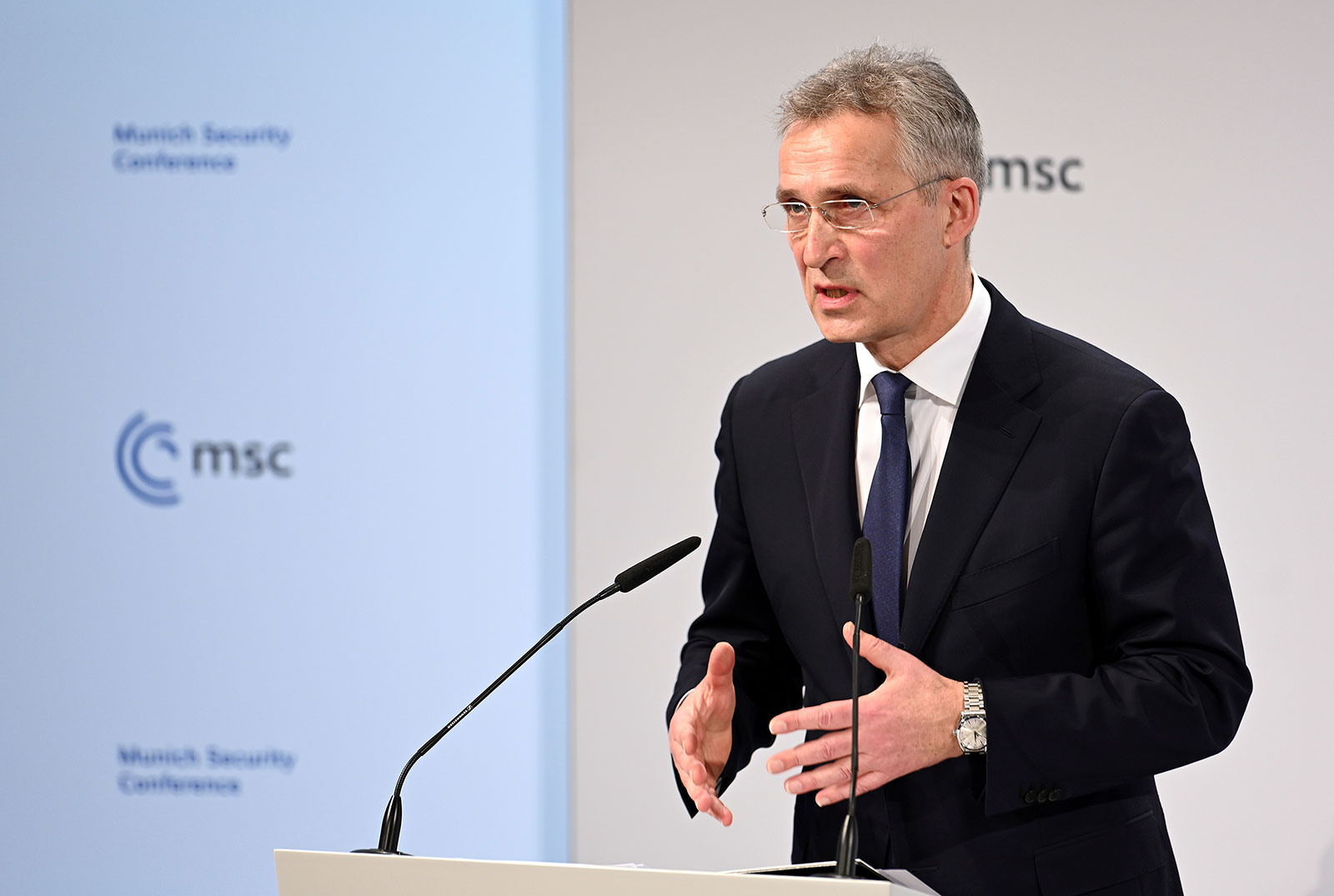 NATO Secretary General Jens Stoltenberg speaks at the Munich Security Conference on February 18.