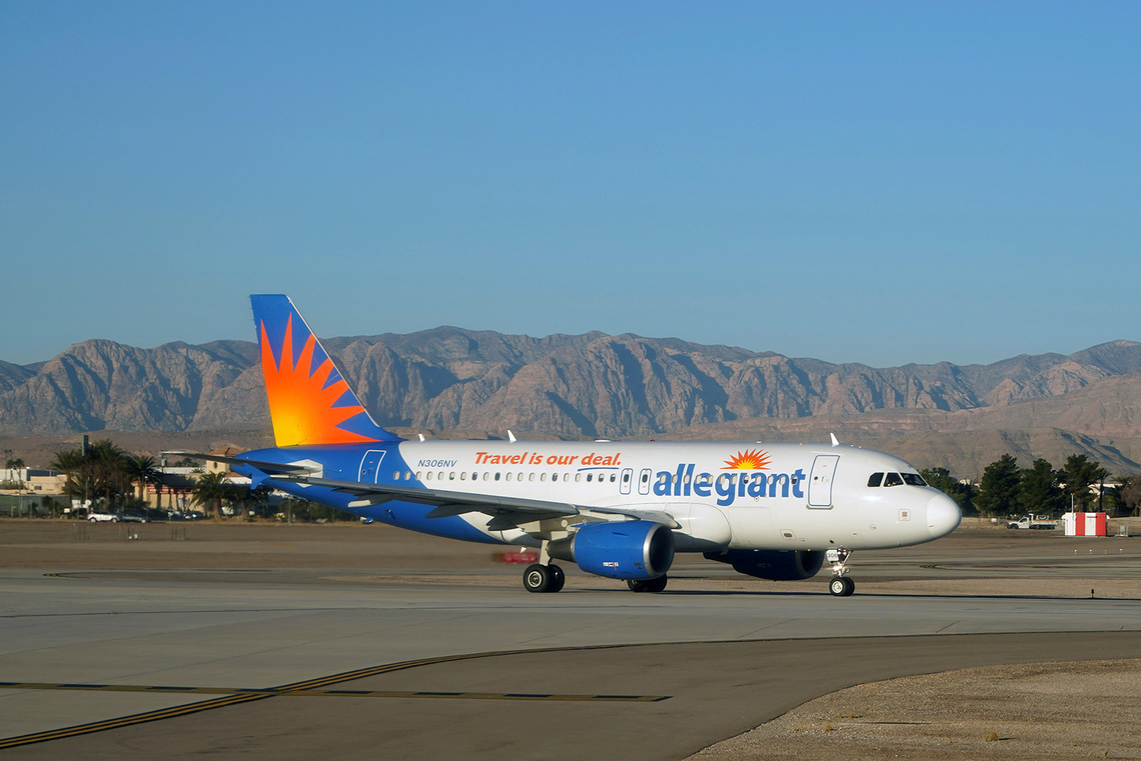 An Allegiant Airlines plane on the runway at McCarran International Airport, on February 14, 2020 in Las Vegas.