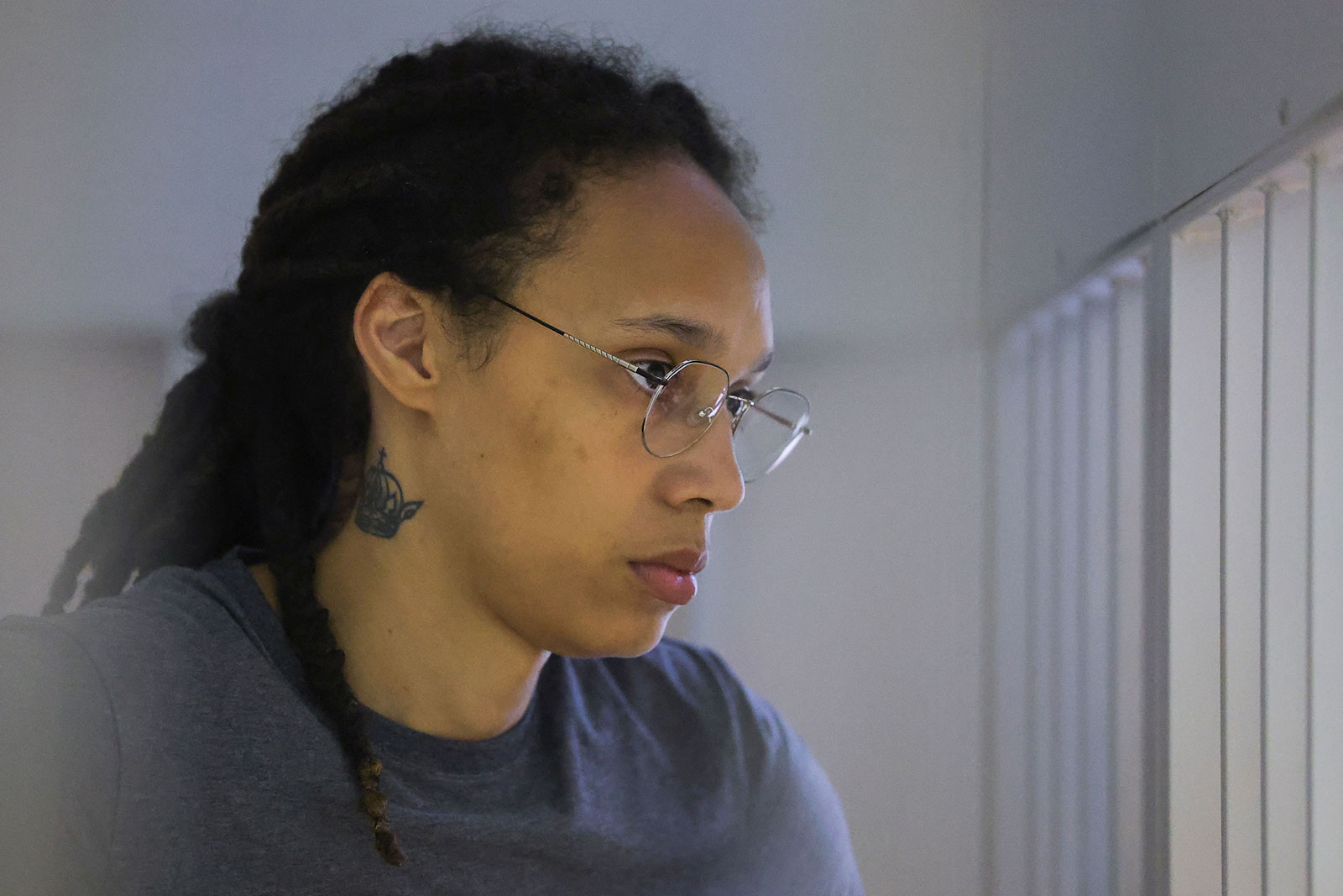 Brittney Griner waits during a hearing in Khimki, Russia, in August.