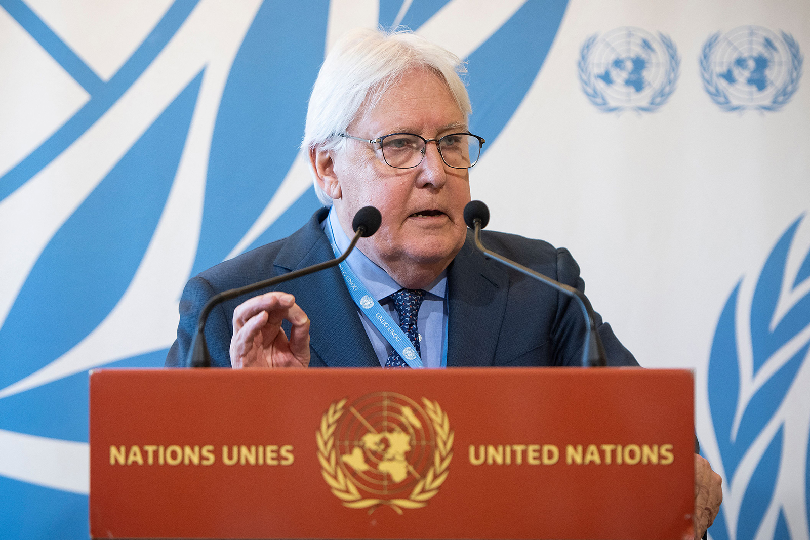 Martin Griffiths speaks during a press conference on the situation in Gaza, at UN Building in Geneva, on November 15, 2023. 