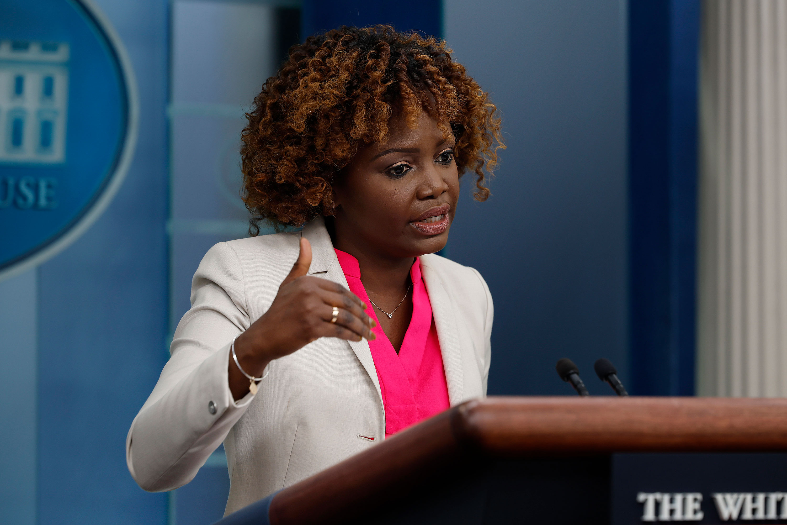 White House Press Secretary Karine Jean-Pierre talks to reporters during the daily news conference February 2 in Washington, DC. 