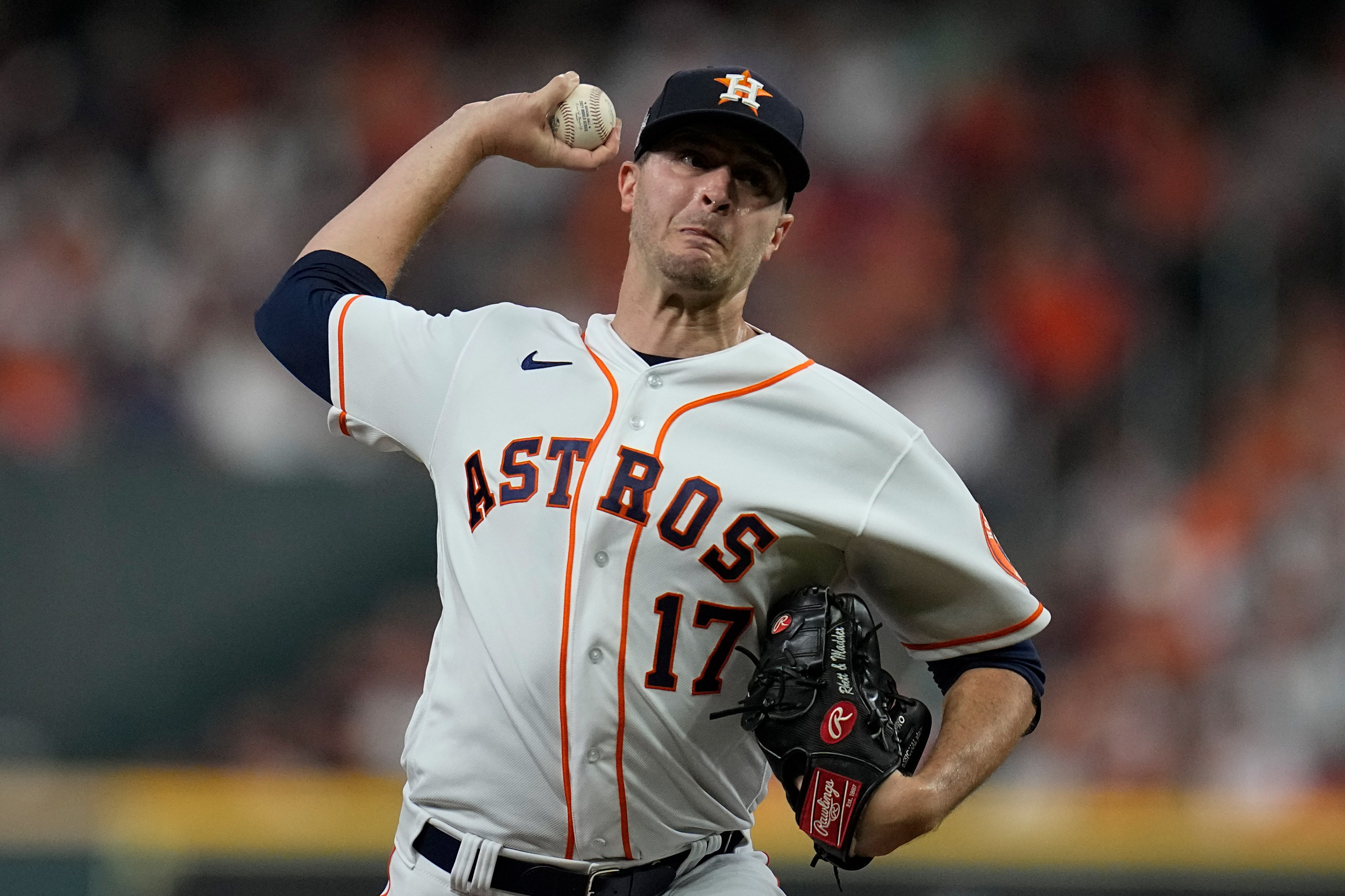 Houston Astros pitcher Jake Odorizzi throws during the fourth inning of Game 1 in baseball's World Series between the Houston Astros and the Atlanta Braves on October 26 in Houston. 