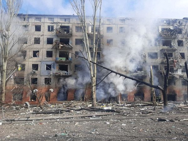 An apartment building damaged by an airstrike in Kramatorsk, Ukraine, is seen in this handout picture released March 18.