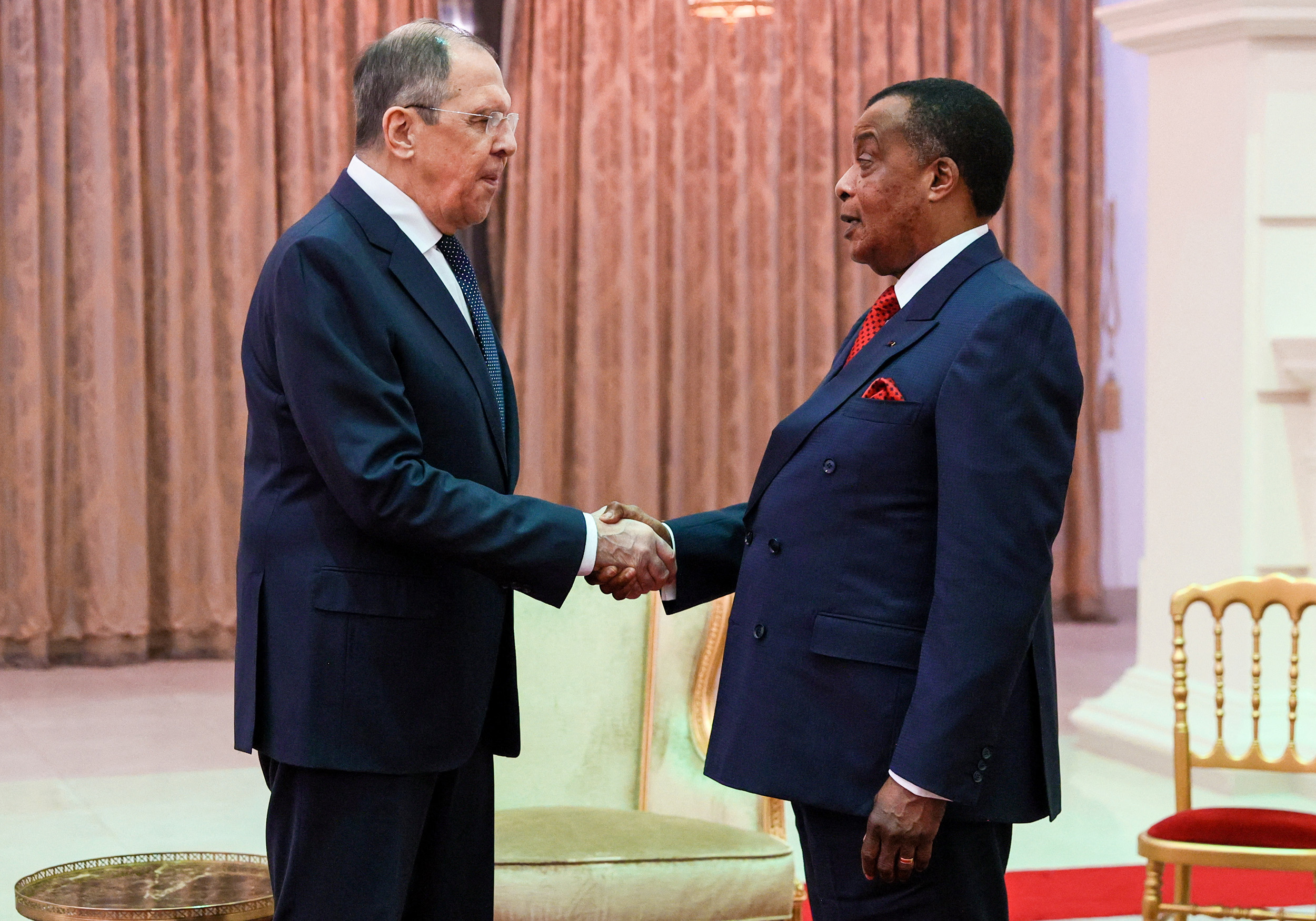Republic of Congo's President Denis Sassou Nguesso, right, and Russia's Foreign Minister Sergey Lavrov, left, meet in Oyo, Republic of Congo, on July 25.