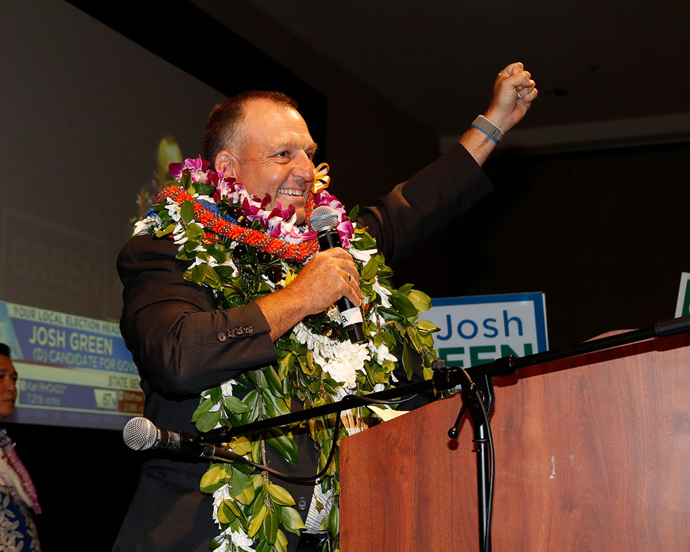 Green waves at supporters at the Democratic Party headquarters, Tuesday, November. 8, in Honolulu. 