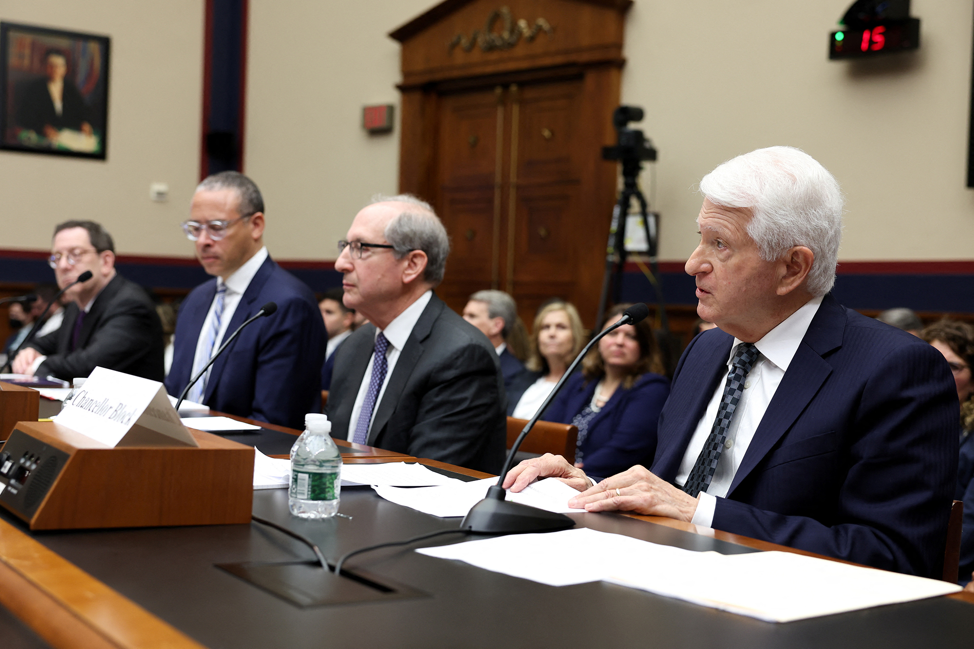 From left: Michael Schill, president of Northwestern University, Jonathan Holloway, president of Rutgers University, Frederick M. Lawrence, secretary and CEO, The Phi Beta Kappa Society, and Gene Block, chancellor of the UCLA, during a House Education and the Workforce Committee hearing on pro-Palestinian protests on college campuses, on Capitol Hill in Washington on May 23.