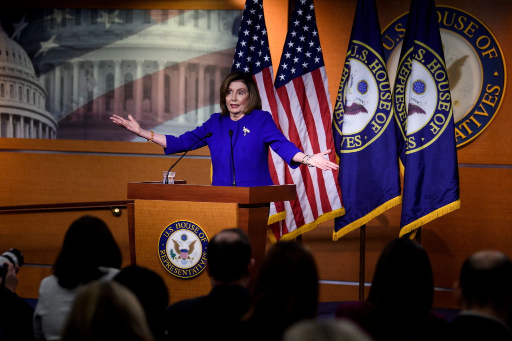 US Speaker of the House Nancy Pelosi speaks during her weekly press briefing on Capitol Hill on Thursday.