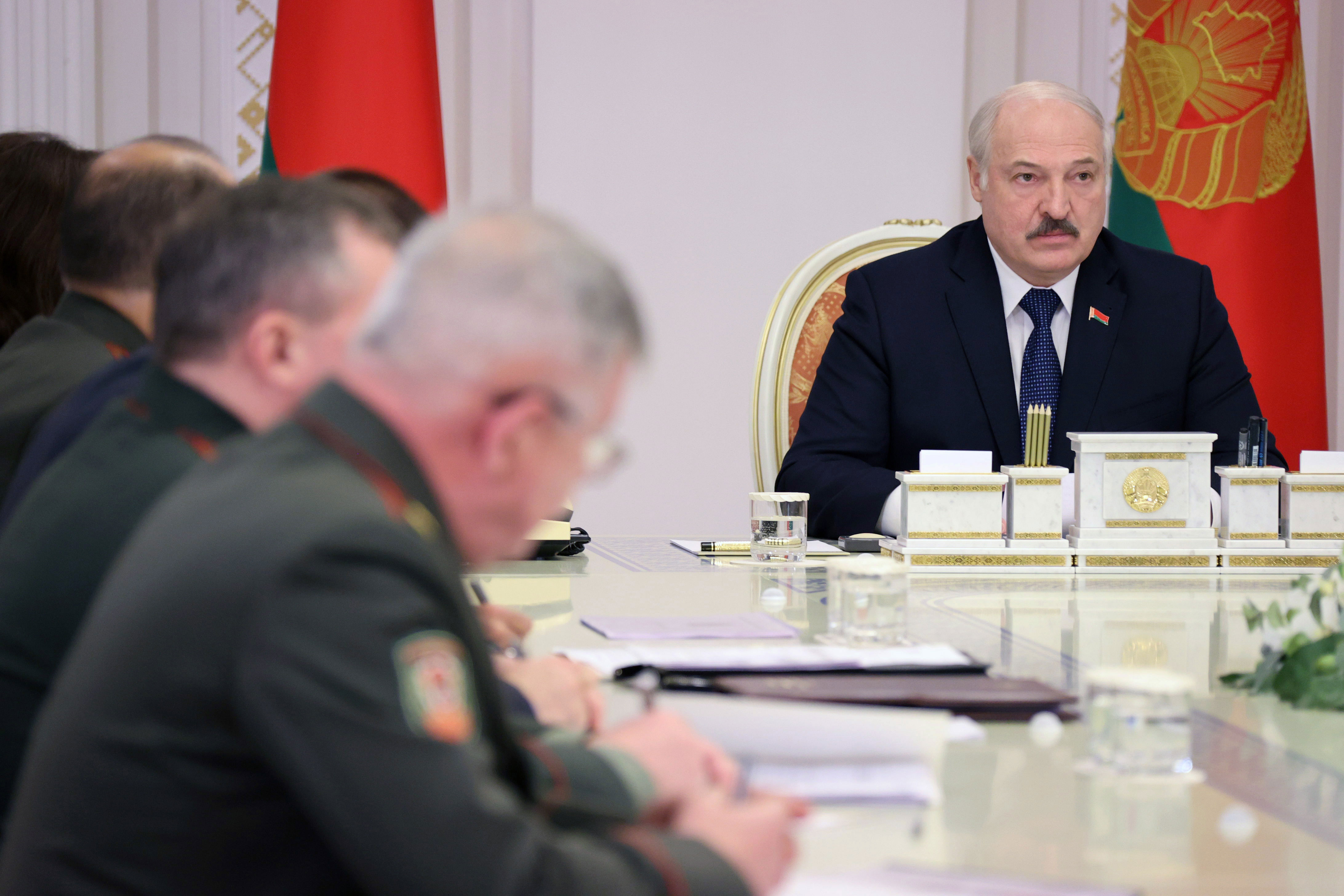 Belarus' President Alexander Lukashenko holds a meeting in Minsk, Belarus, on the situation at the Belarus-Poland border on November 16.