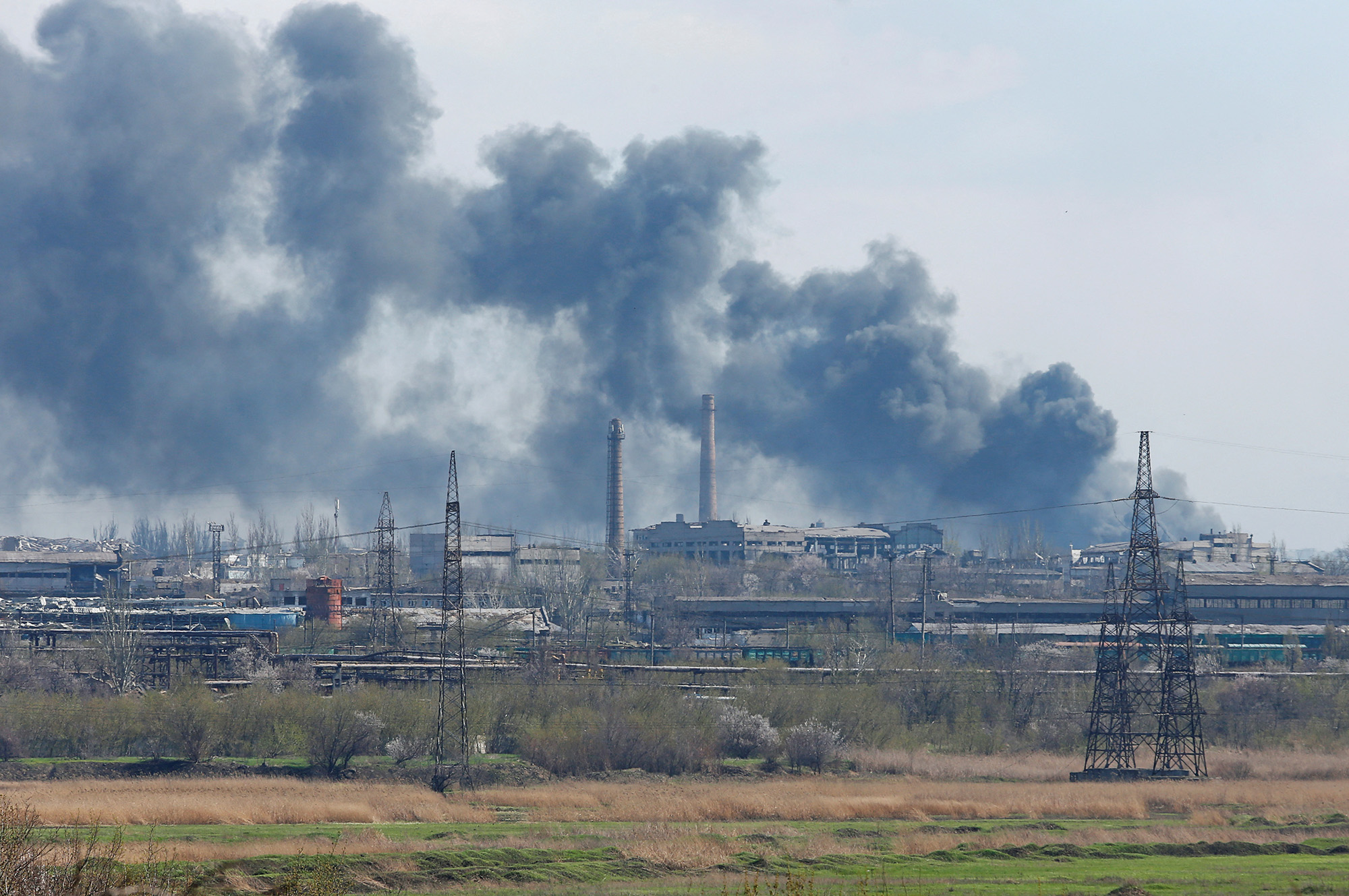 Smoke rises above the Azovstal Iron and Steel Works company in the southern port city of Mariupol, Ukraine, on April 20.