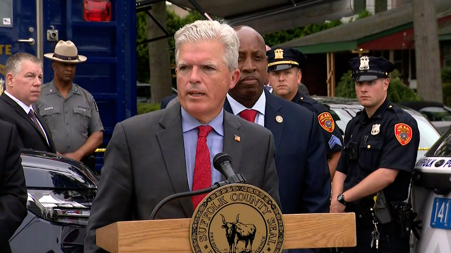 County Executive Steve Bellone speaks during a news conference on Friday in Massapequa Park, New York. 