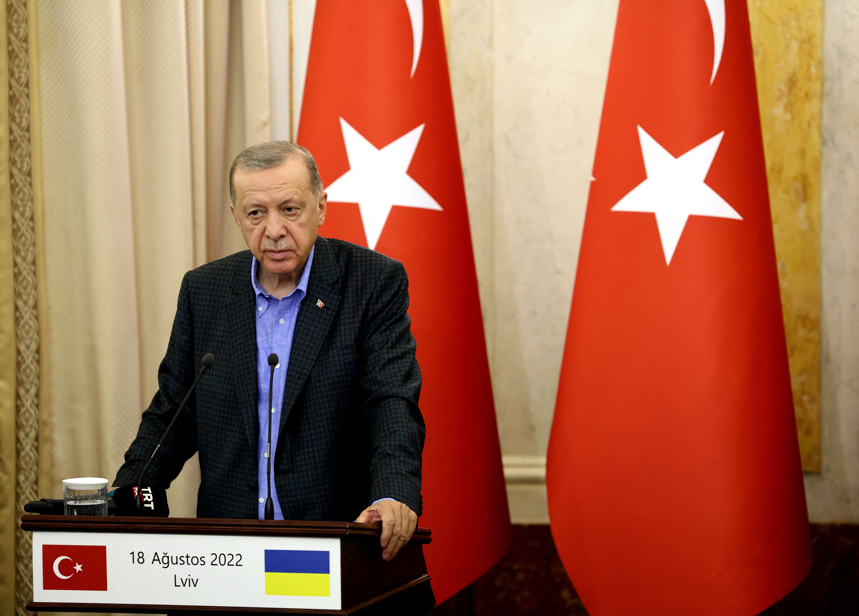 Turkish President Recep Tayyip Erdogan speaks during a press conference with Ukrainian President Volodymyr Zelensky in Lviv, Ukraine, on Thursday.