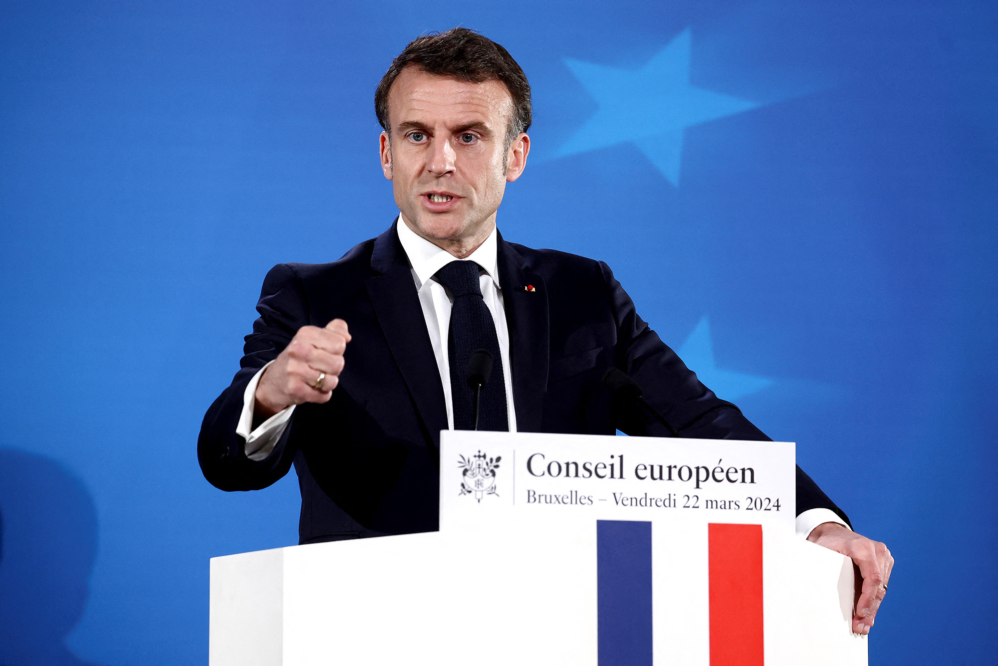 French President Emmanuel Macron attends a press conference on the day of a European Union leaders summit in Brussels, Belgium, on March 22.