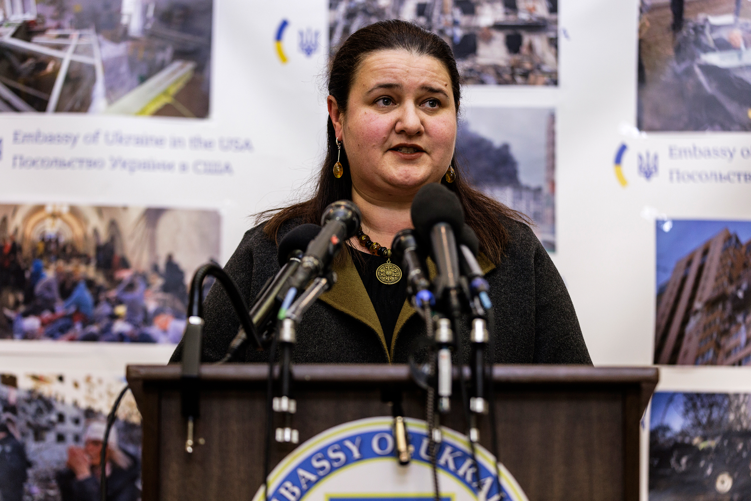 Ukrainian Ambassador to the US Oksana Markarova speaks during a news conference on February 26, in Washington, DC.