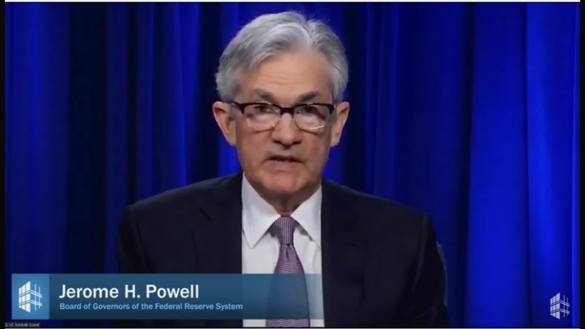 Federal Reserve Chairman Jerome Powell speaks during an update through video chat on May 13.