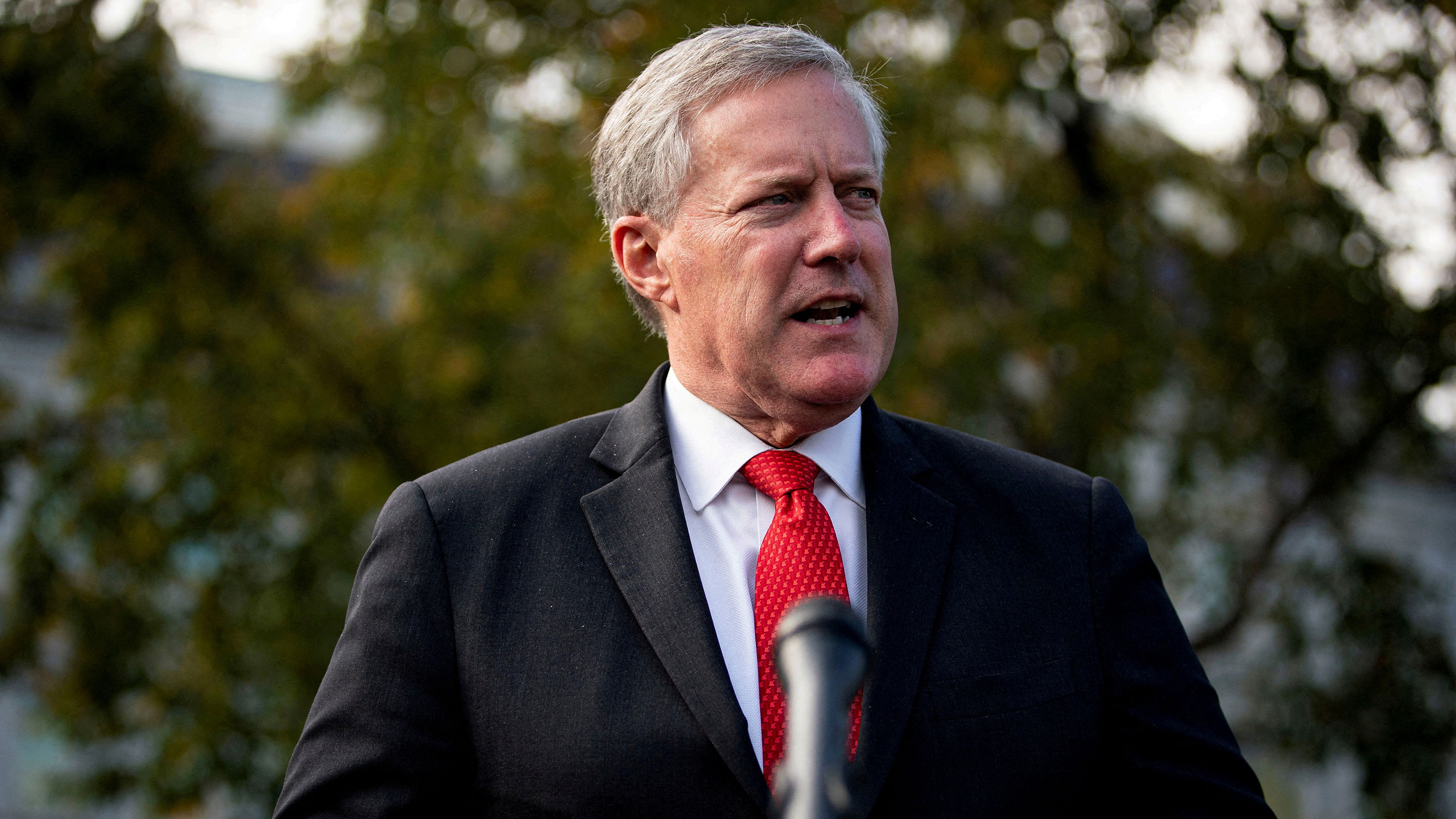 White House chief of staff Mark Meadows speaks to reporters outside the White House in October 2020.