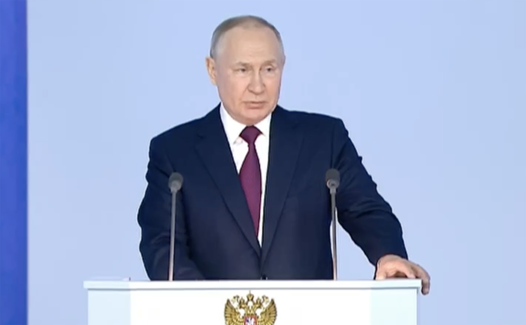 Russian President Vladimir Putin addresses the country's Federal Assembly in Moscow, Russia, on February 21.