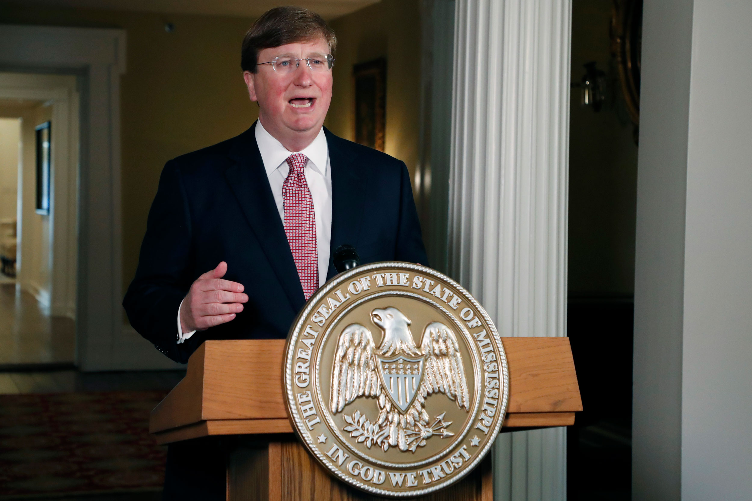 Mississippi Gov. Tate Reeves speaks during a televised address at the Governor's Mansion in Jackson, Mississippi, on June 30.