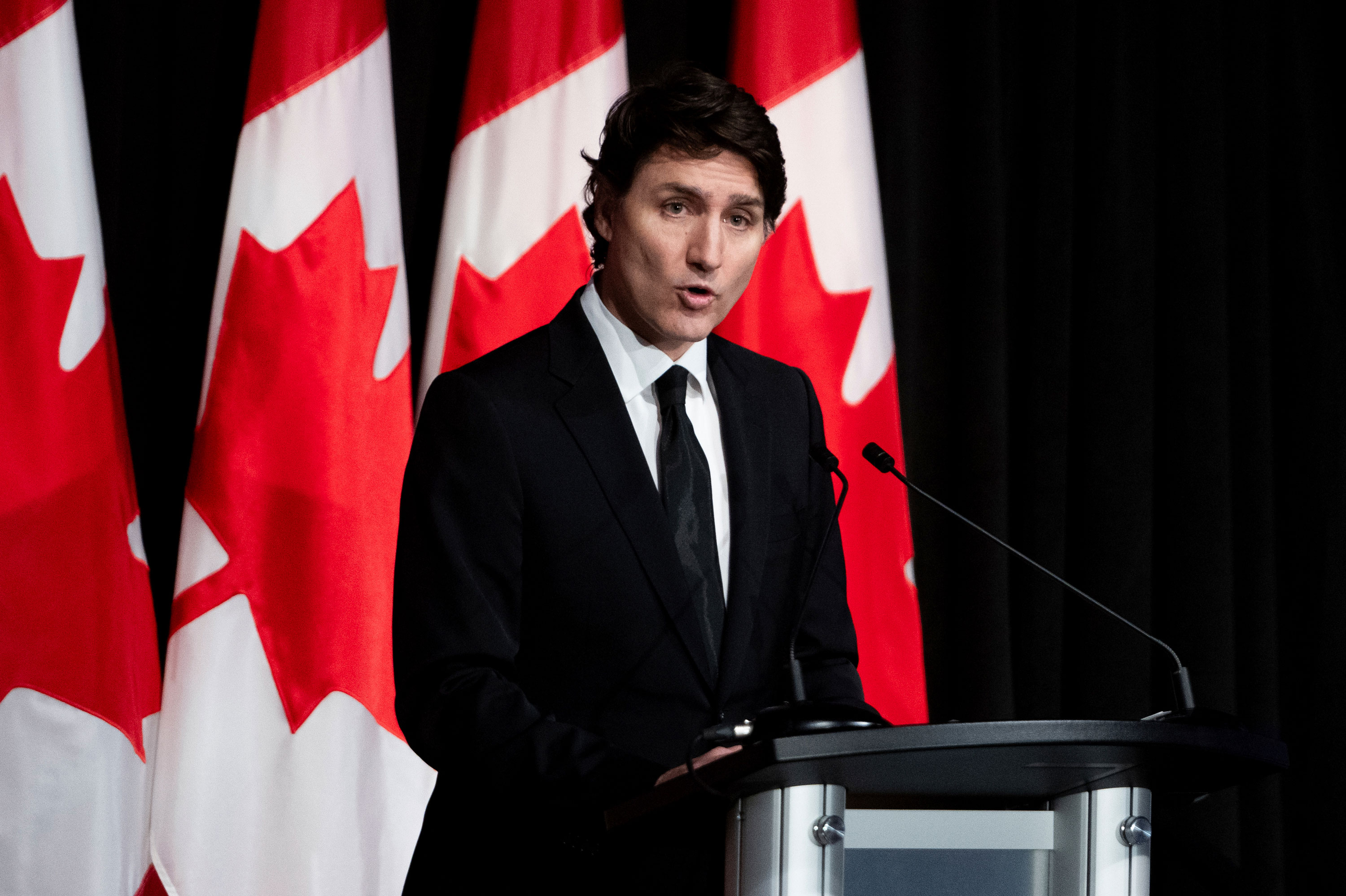 Canadian Prime Minister Justin Trudeau delivers remarks on recent developments in Israel ahead of the annual Press Gallery Dinner in Ottawa, Ontario, on Saturday. 