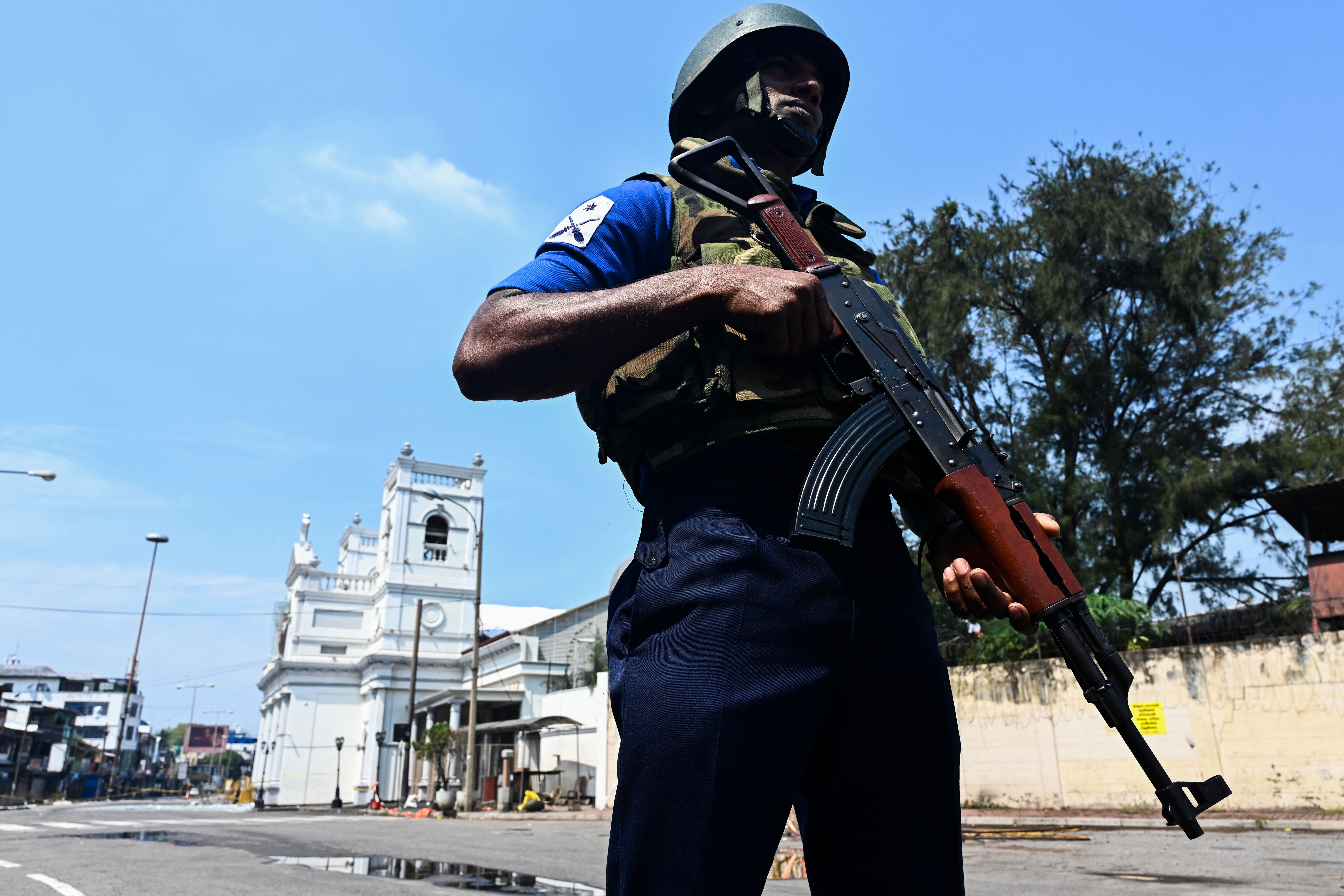 A security personnel stands guard near St. Anthony's Shrine in Colombo on April 24, 2019, three days after a series of bomb blasts targeting churches and luxury hotels in Sri Lanka.