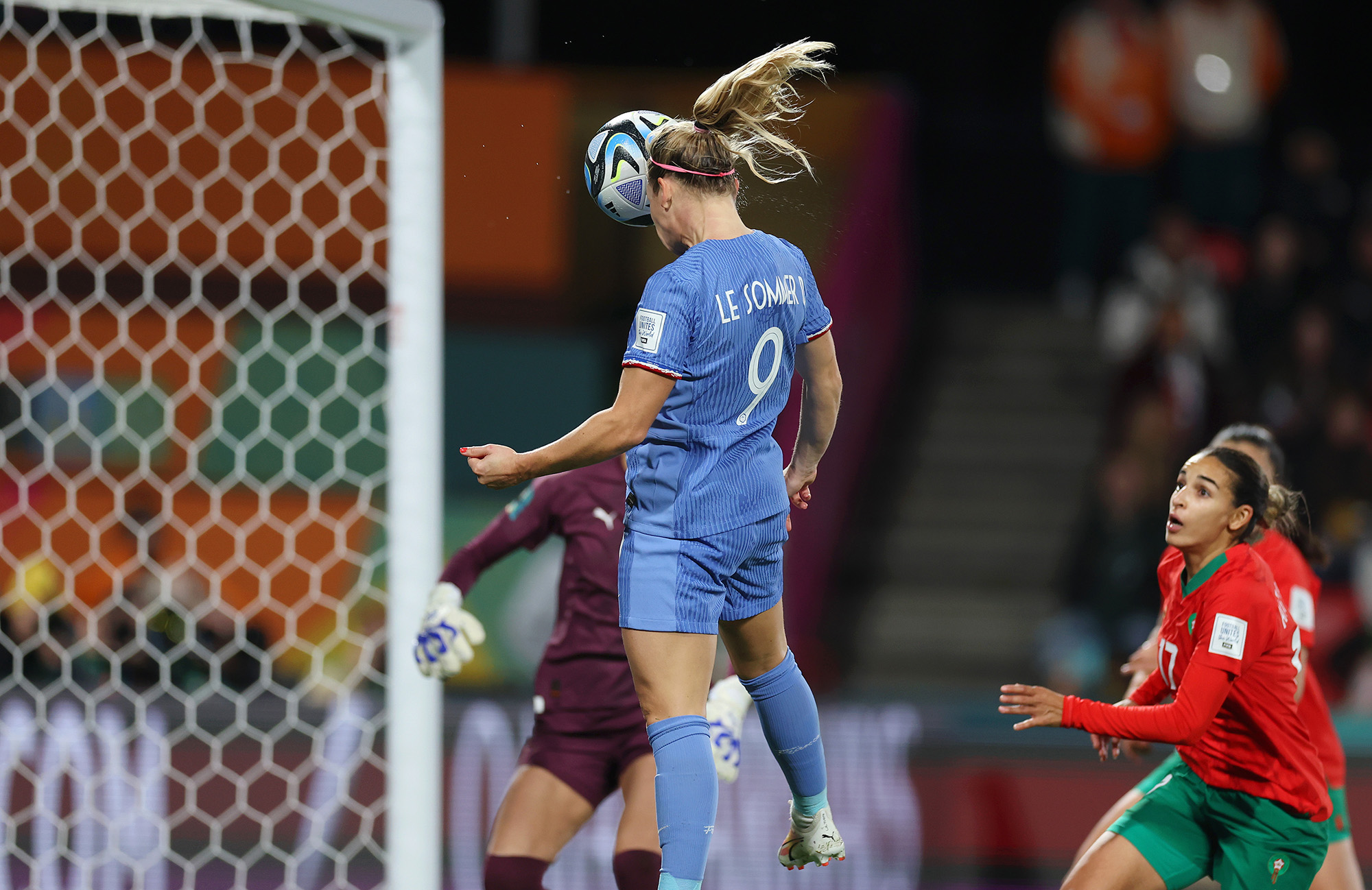 Eugenie Le Sommer of France heads to score her team's fourth goal during the FIFA Women's World Cup Australia & New Zealand 2023 Round of 16 match between France and Morocco at Hindmarsh Stadium on August 8, 2023 in Adelaide.