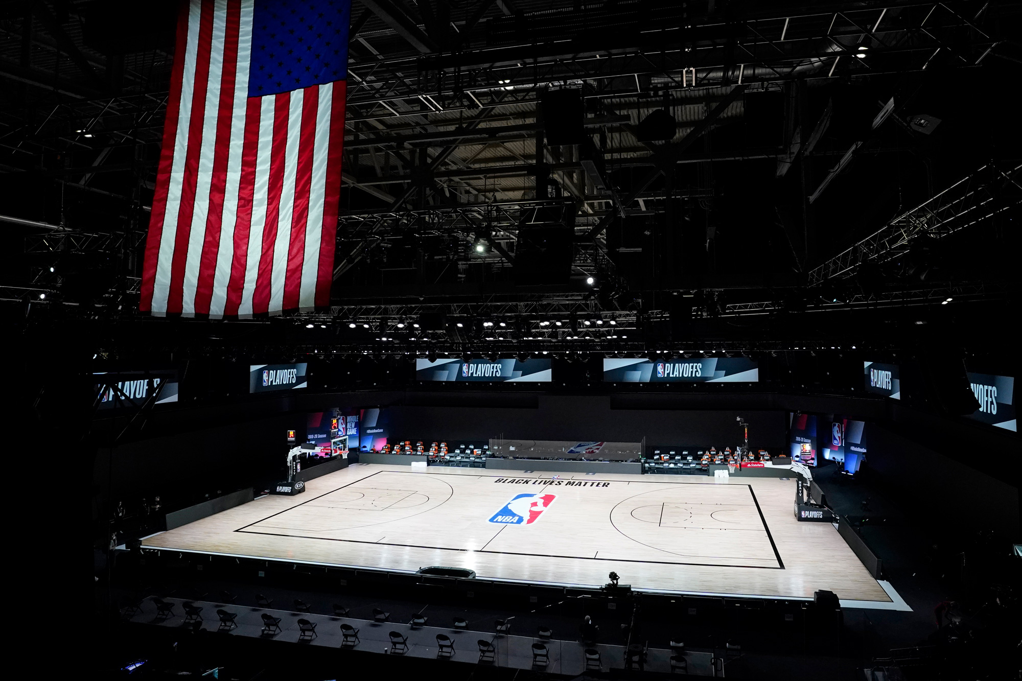 The court sits empty after a postponed NBA basketball first round playoff game between the Milwaukee Bucks and the Orlando Magic on August 26 in Lake Buena Vista, Florida. 