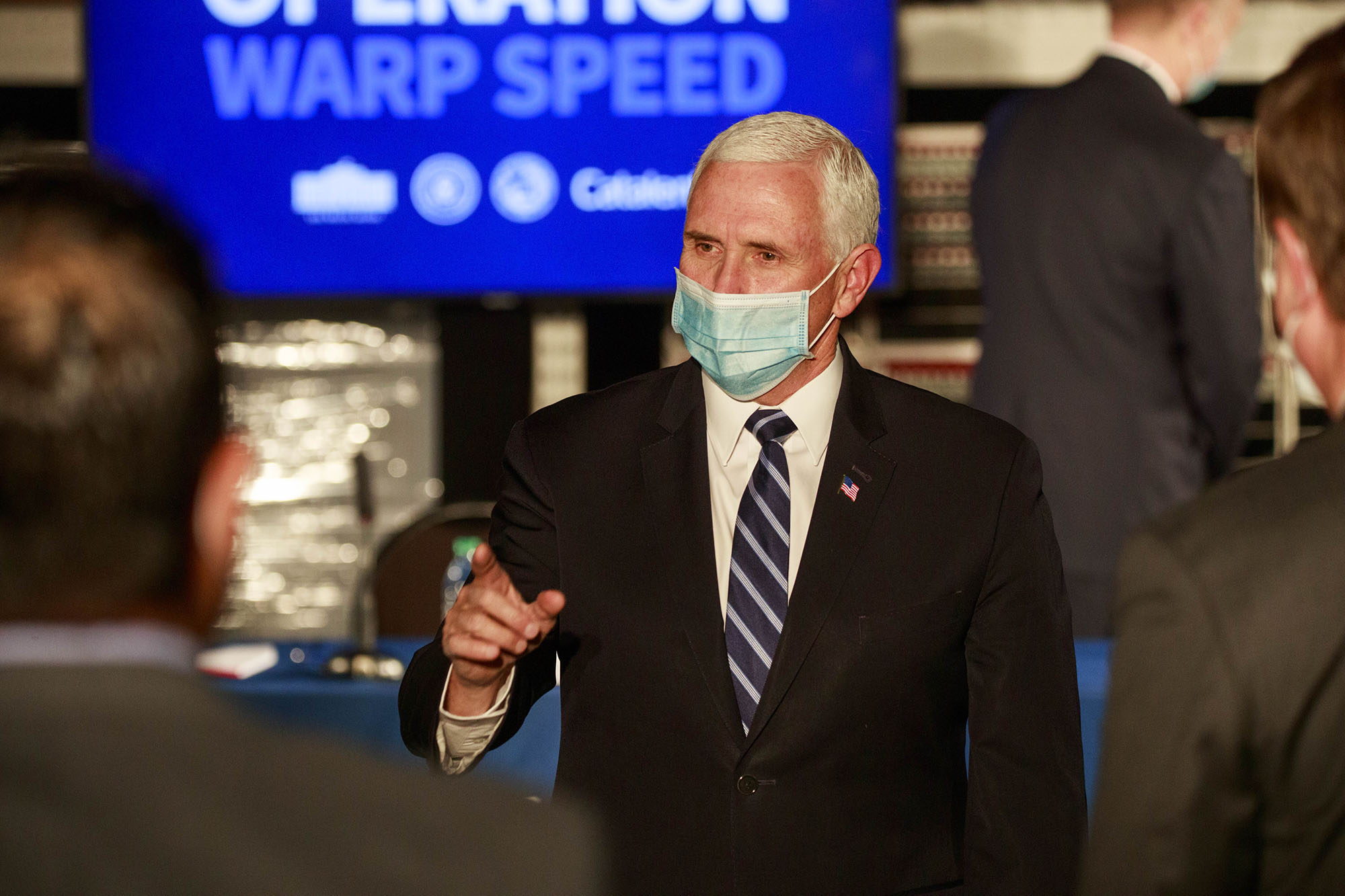 U.S. Vice President Mike Pence speaks during a round table discussion at Catalent Biologics, where COVID-19 vaccine vials are being filled. 