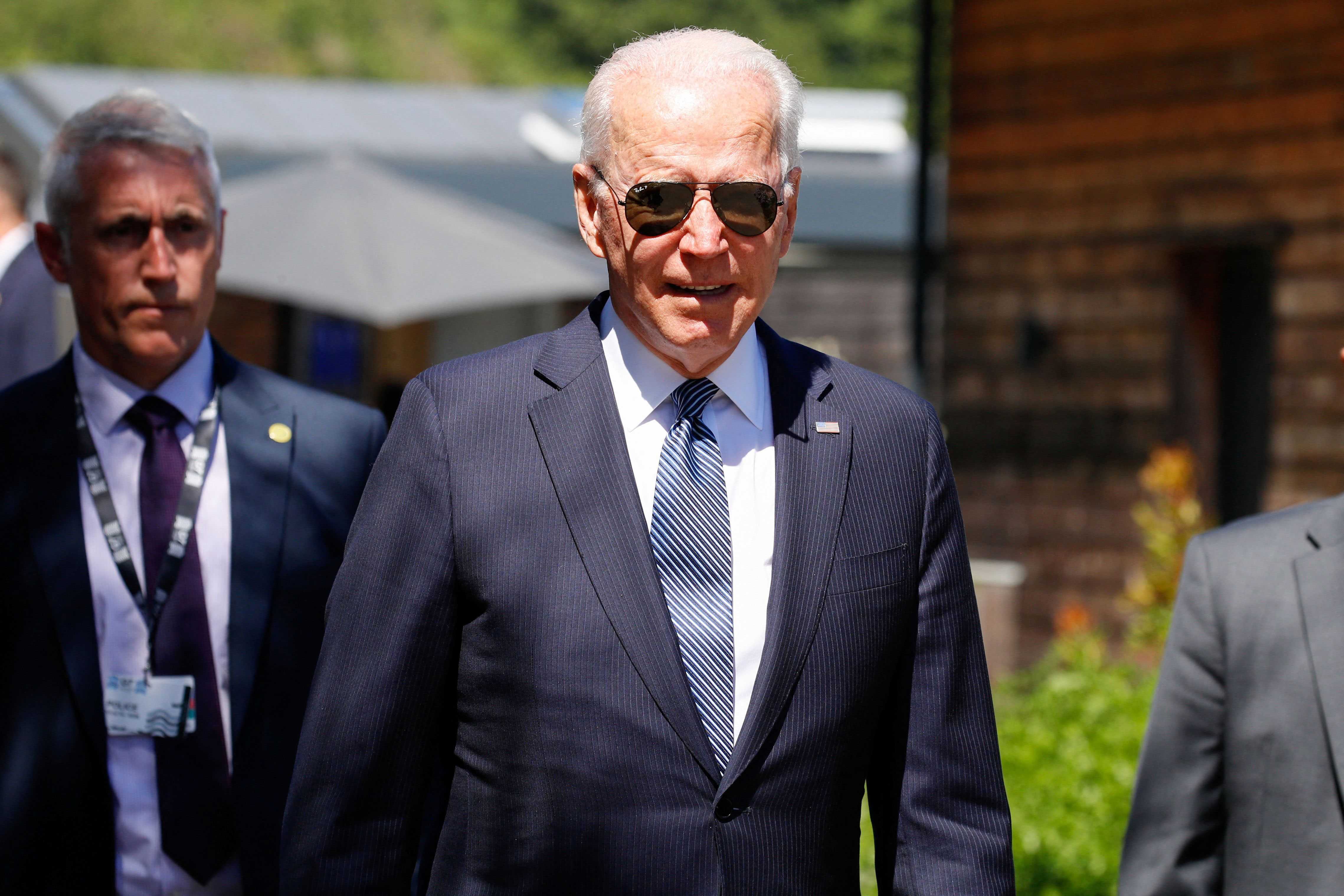United States President Joe Biden arrives for a plenary session in Carbis Bay, England, on June 13.
