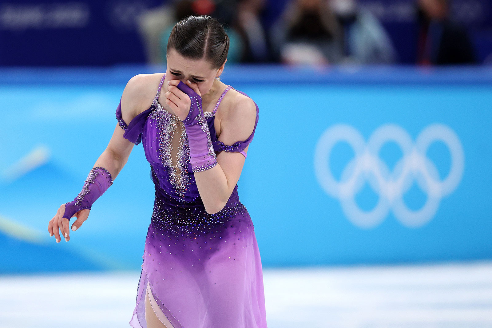 Kamila Valieva tears up after skating in the women's short program on February 15.